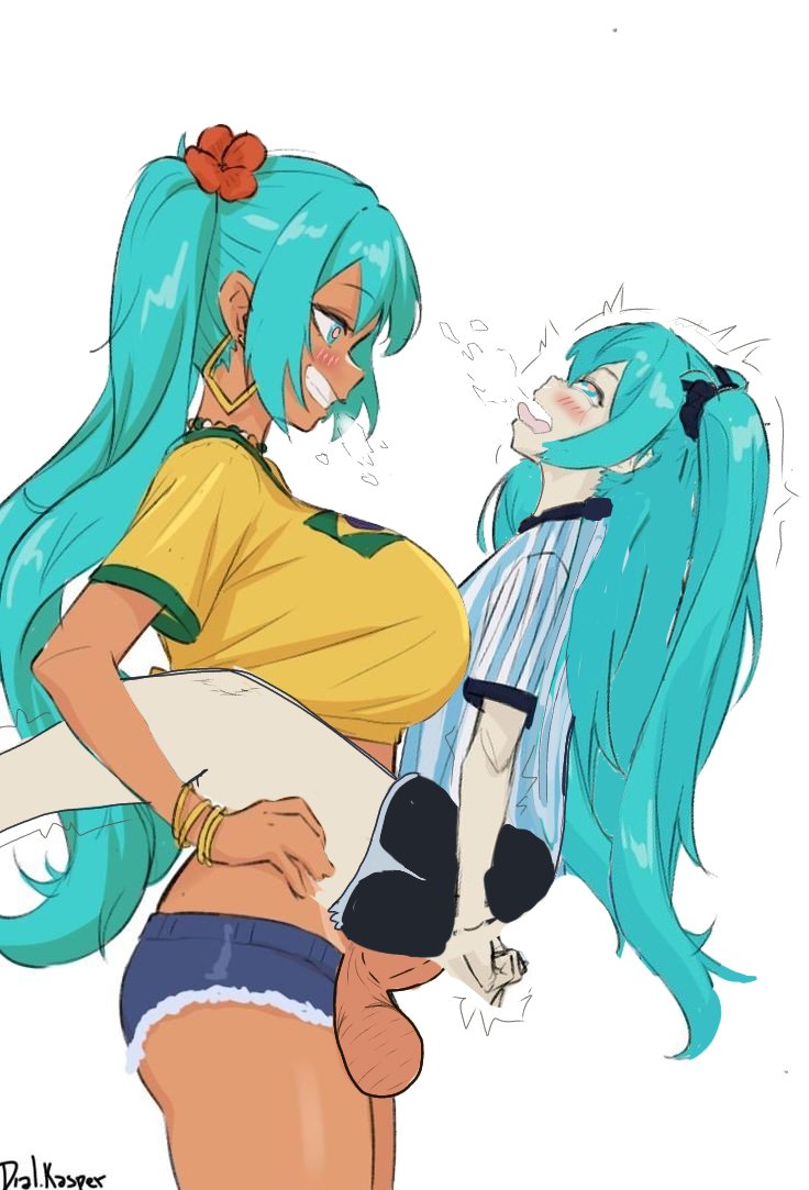 argentina argentinian_miku brazil brazilian brazilian_miku brown_skin dark-skinned_futanari futa_on_female futanari hatsune_miku huge_breasts huge_cock latin_american_hatsune_miku_(meme) lesbian_sex pale-skinned_female pale_skin shorter_female taller_girl unknown_artist vocaloid yuri