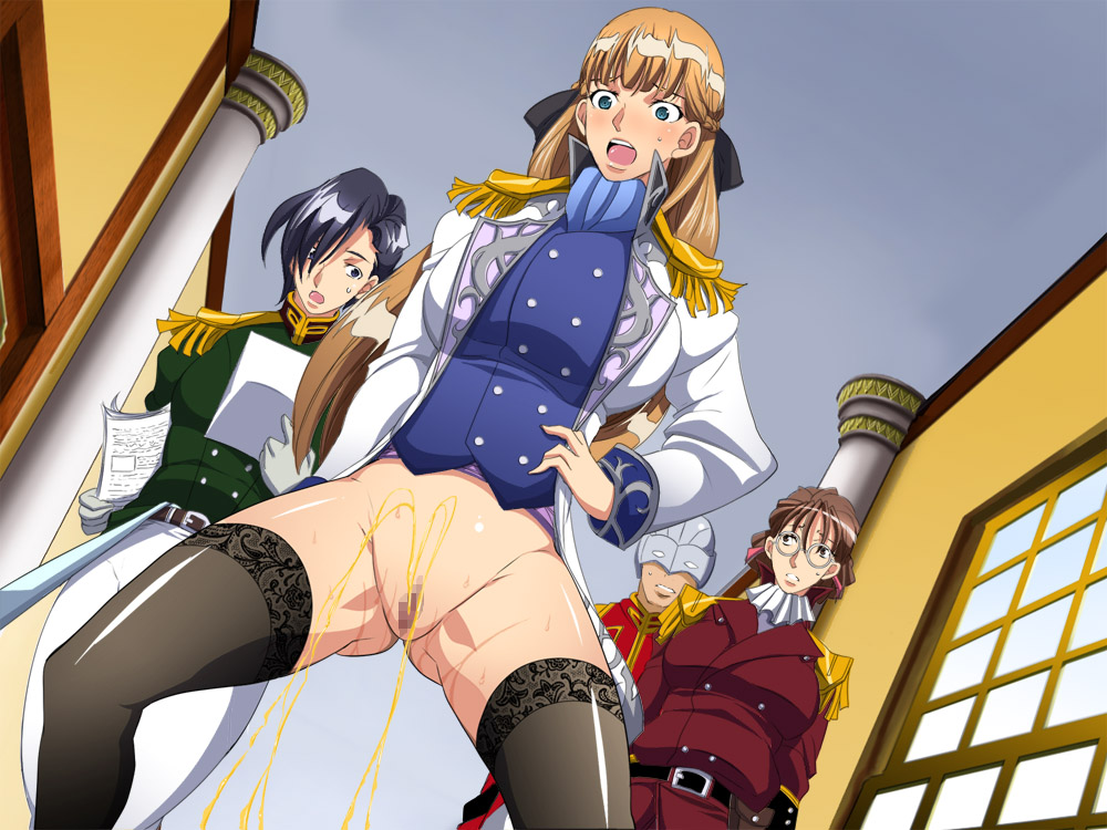 2011 3girls blonde_hair blue_eyes blush bottomless breasts brown_hair censored chiro_(youkai_tamanokoshi) curvaceous female gundam gundam_wing hairy_pussy human humiliation indoors lady_une large_breasts light-skinned_female light_skin long_hair lucrezia_noin military_uniform mind_control multiple_girls peeing public pussy relena_peacecraft thick_thighs thighhighs uniform wide_hips