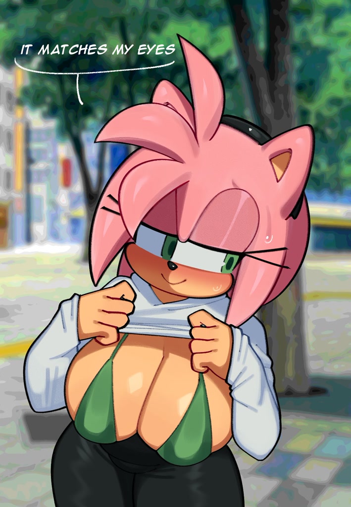 amy_rose bikini breasts female fiinel shirt_lift solo solo_female sonic_(series) sonic_the_hedgehog_(series)