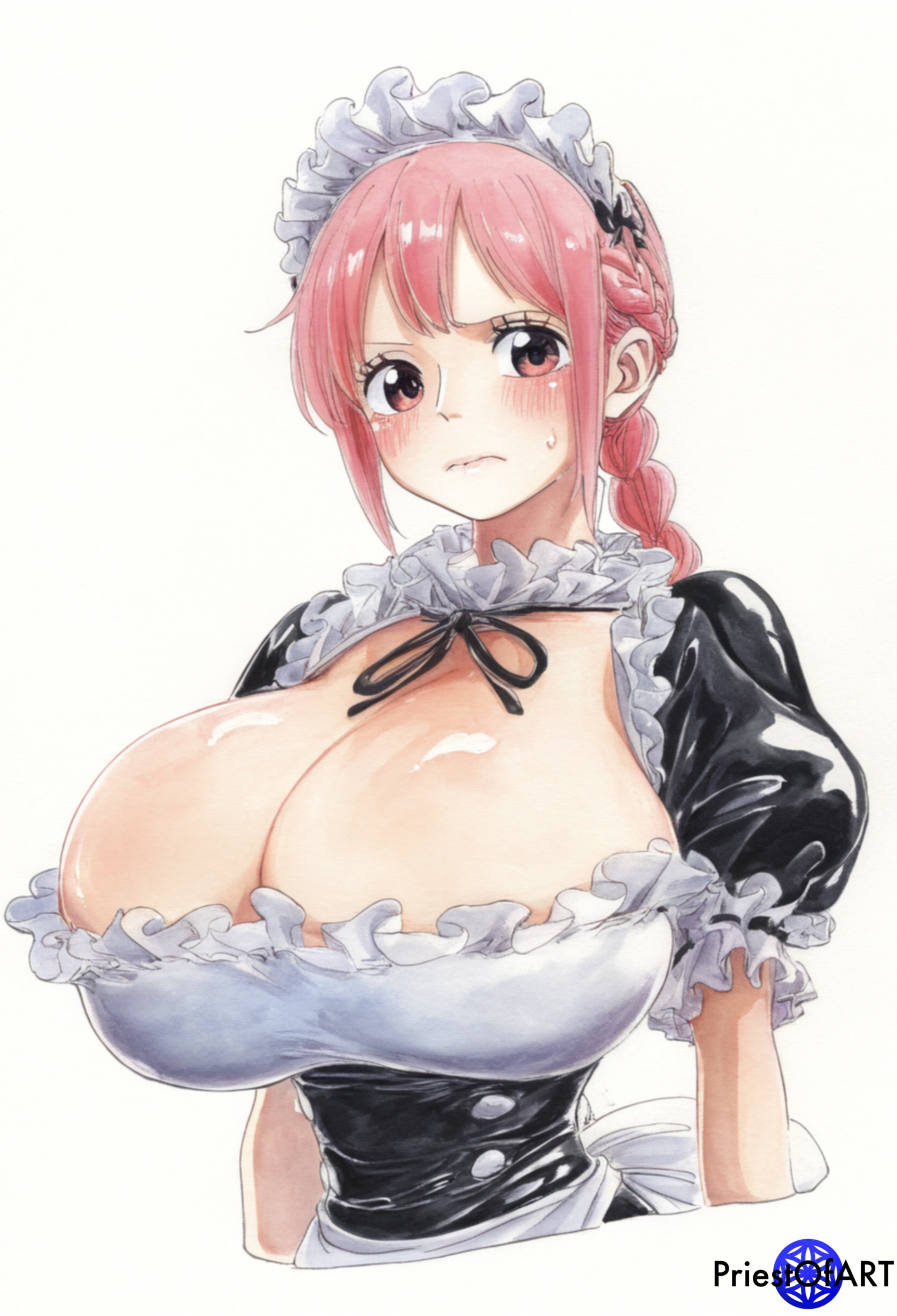 1girls, ai generated, big breasts, blush, braid, breasts, busty, cleavage, clothing, color, embarrassed, female, female focus, female only, huge breasts, large breasts, maid, maid outfit, maid uniform, one piece, orange eyes, pink hair, priestofart, rebecca (one piece), revealing clothes, simple background, skimpy clothes, solo, solo female, solo focus, tagme, tagme (artist), tagme (character), thin waist, upper body, white background