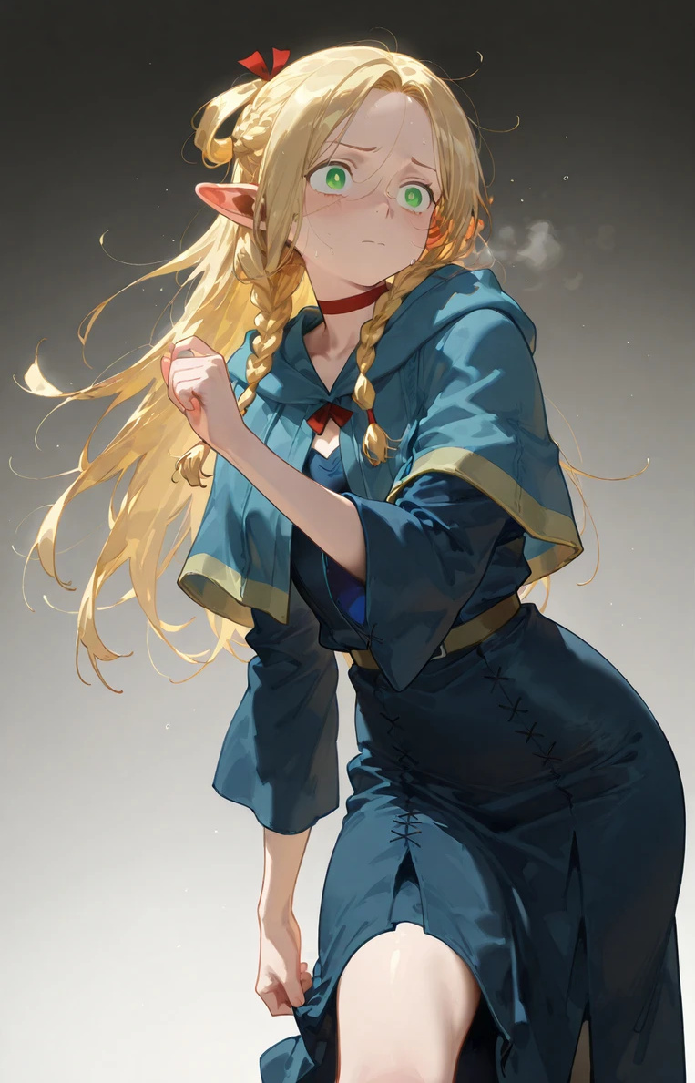 ai_generated artist_request bare_thighs blonde_hair blush dungeon_meshi elf elf_ears elf_female green_eyes light-skinned_female light_skin long_dress long_hair marcille_donato oiled_body oiled_skin solo_female squatting sweat sweatdrop