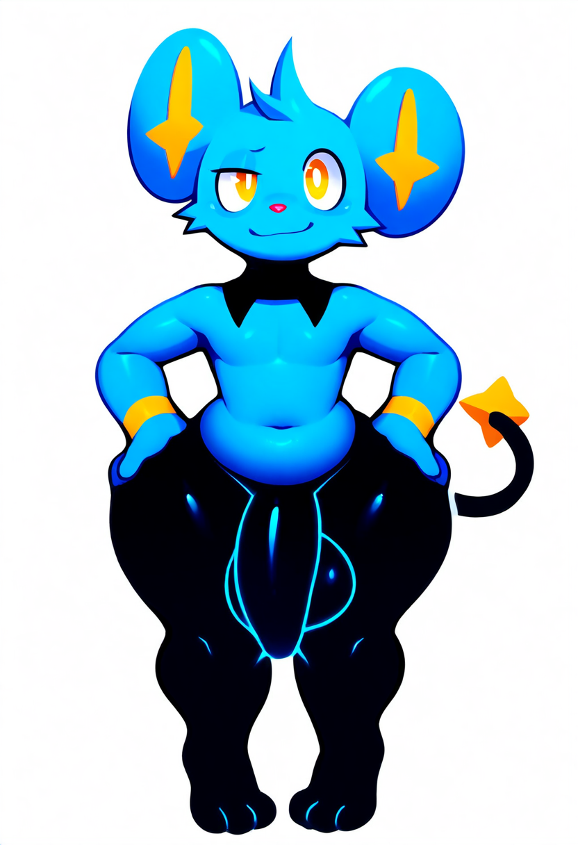 2025 ai_generated anthro anthrofied balls black_body blue_body blue_fur bulge clothed clothing generation_4_pokemon genital_outline genitals hands_on_hips hellsonger hi_res looking_at_viewer male male_only mammal navel nintendo penis pokemon pokemon_(species) pokemorph shinx simple_background smile solo standing thick_thighs tight_clothing white_background wide_hips yellow_eyes