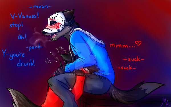 anthro anthro_on_anthro anthro_penetrated black_body black_fur blue_clothing blush canid canine canis closed_eyes clothed clothing deep_throat drunk duo english_text fellatio fur grey_body grey_fur h2o_delirious male male/male mammal mask moan oral oral_penetration penetration penile red_clothing sex sitting sn0wyangel substance_intoxication tail text vanoss werewolf wolf youtuber