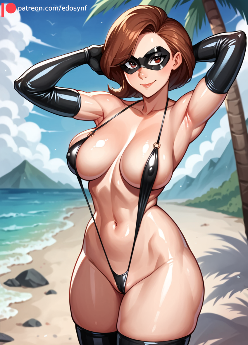 1girls ai_generated armpits arms_behind_head beach bikini black_gloves black_mask black_slingshot_swimsuit black_thighhighs blush breasts brown_eyes brown_hair clear_sky closed_mouth collarbone cowboy_shot crotch domino_mask edosynf elbow_gloves female gloves helen_parr highres large_breasts light_blush light_smile mask mature_female medium_breasts milf mountain navel ocean palm_tree sand sea self_upload sexually_suggestive shiny shiny_hair shiny_skin short_hair sky slingshot_swimsuit smile solo solo_focus standing stomach the_incredibles the_incredibles_2 thick_thighs thighhighs thighs tree zettai_ryouiki