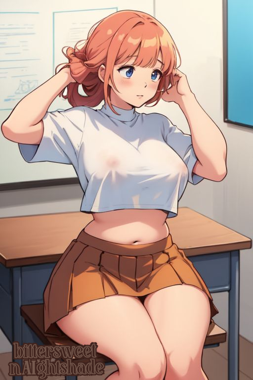 1girls ai_generated bittersweetnaightshade chubby chubby_female classroom crop_top medium_breasts nipple_bulge nipples_visible_through_clothing pleated_skirt pudgy_belly strawberry_blonde_hair