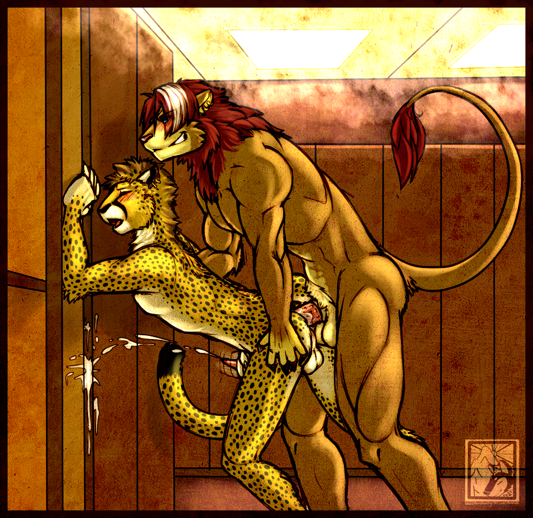 against_wall anal anal_sex anthro balls cheetah closed_eyes cum cumshot erection feline feralise from_behind fur furry gay interspecies kesai kiwa lion male markings muscles nude orgasm penetration penis red_hair spots tail toned