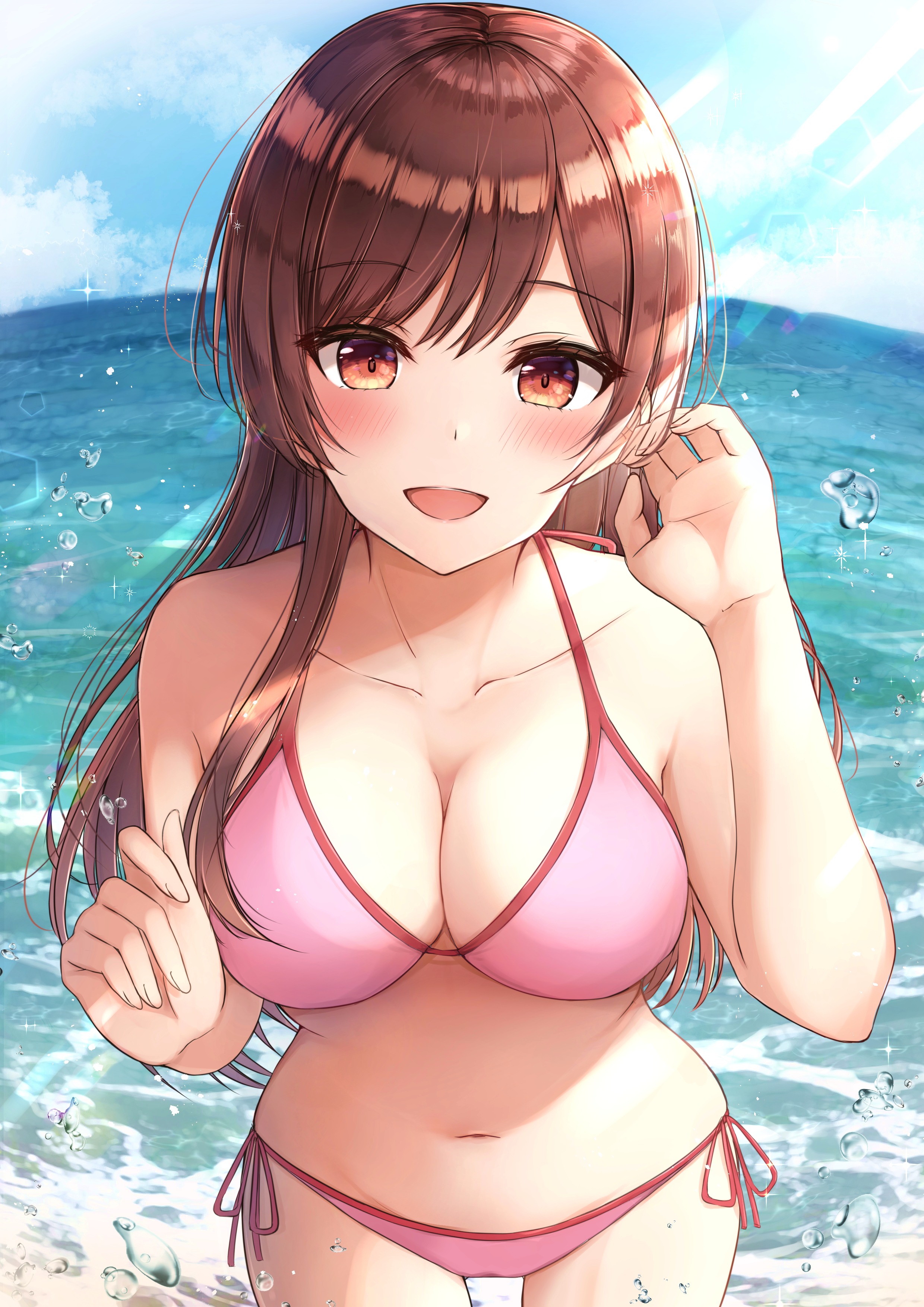 1girls, bare armpits, bare arms, bare ass, bare back, bare belly, bare butt, bare chest, bare hands, bare hips, bare legs, bare midriff, bare navel, bare shoulders, bare skin, bare thighs, beach, belly, belly button, bikini, bikini bottom, bikini only, bikini top, blue sky, blush, blush face, blushing at viewer, blushing female, breasts, brown eyebrows, brown eyes, brown hair, brown-eyed female, brown-haired female, cleavage, clouds, coast, collarbone, curvaceous, curvaceous body, curvaceous female, curvaceous figure, curvaceous hips, curvaceous teenager, curvy, curvy body, curvy female, curvy figure, curvy hips, day, daylight, daytime, elbows, exposed armpits, exposed arms, exposed ass, exposed back, exposed belly, exposed butt, exposed chest, exposed hips, exposed legs, exposed midriff, exposed navel, exposed shoulders, exposed skin, exposed thighs, female, female focus, female only, fingernails, fingers, groin, hair between eyes, half naked, half nude, halterneck, high resolution, highres, horizon, hourglass figure, kanojo okarishimasu, large breasts, lean figure, long hair, looking at viewer, midriff, mizuhara chizuru, naked woman, narrow waist, navel, ocean, open mouth, open mouth smile, outdoor, outdoor nudity, outdoors, outside, parted lips, sand, sea, seaside, semi nude, shoulders, side-tie bikini, sky, slender body, slender waist, slim waist, smile, smiley face, smiling, smiling at viewer, solo, standing, string bikini, swimsuit, swimwear, thigh gap, thighs, tongue, upper body, wide hips, yukiunag1