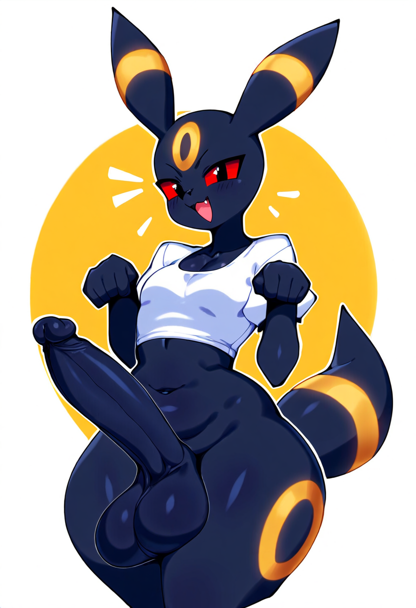 2025 absurd_res ai_generated anthro anthrofied balls big_balls big_penis black_body black_fur blush bottomless breasts clothed clothing crop_top cute_fangs eeveelution erection generation_2_pokemon genitals hellsonger hi_res huge_balls huge_cock looking_at_viewer male markings navel nintendo open_mouth open_smile penis pokemon pokemon_(species) pokemorph red_eyes red_sclera shirt simple_background smile solo thick_thighs topwear umbreon white_background wide_hips yellow_markings