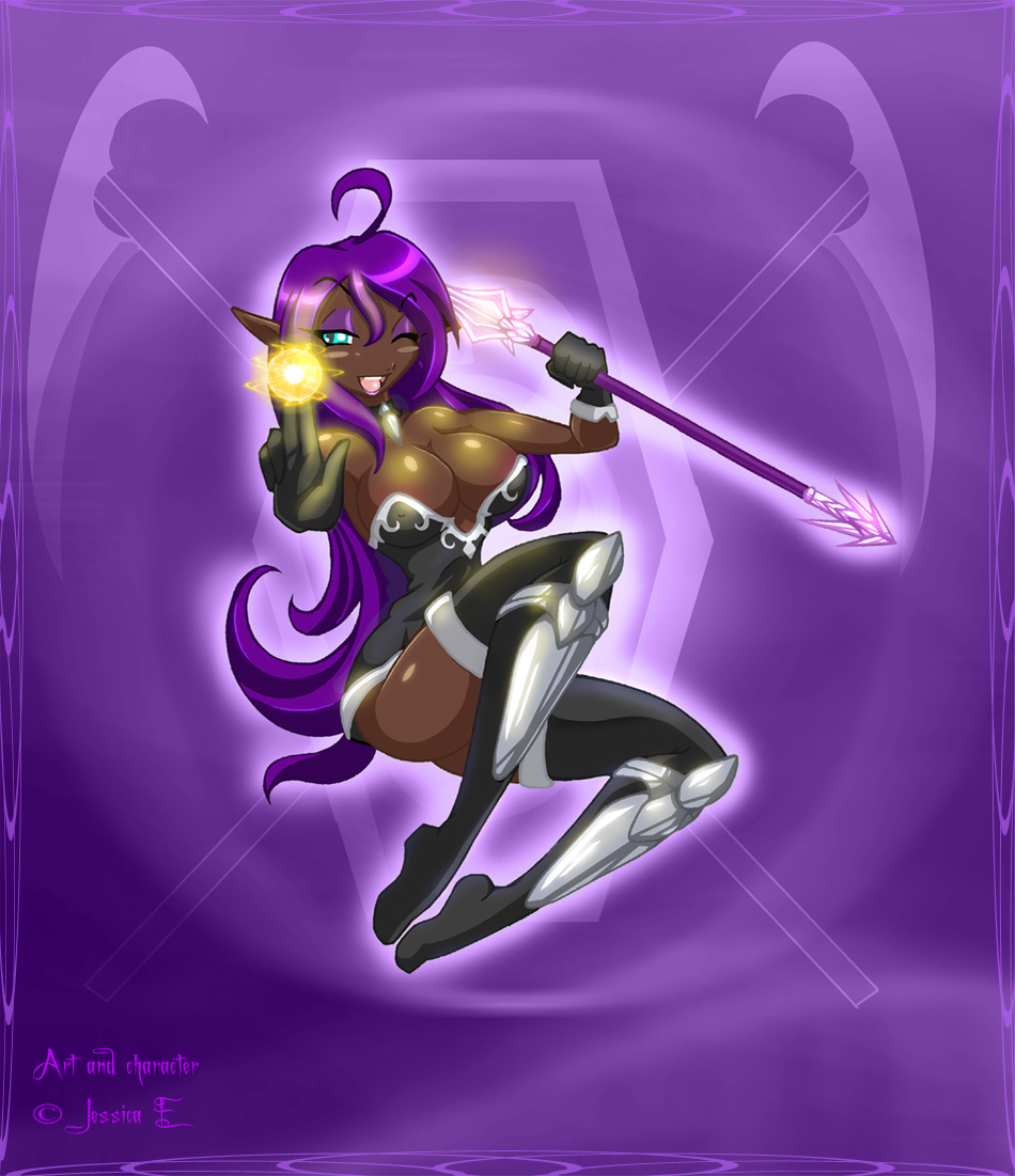 brown_skin color corset cyan_eyes dark-skinned_female dark_elf dark_skin drow female female_only long_hair plasma_ball pointy_ears purple_hair purple_lips slim solo wink