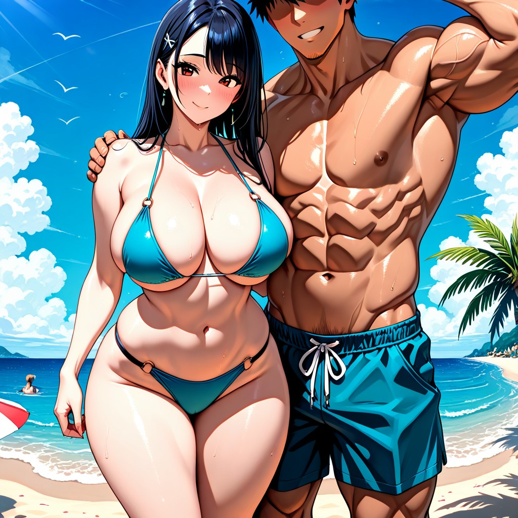 1boy 1boy1girl 1girls abdomen ai_generated beach biceps big_arms big_ass big_breasts big_male big_muscles black_hair blue_bikini blue_hair blue_swimsuit breasts curvy curvy_figure female highres hugging imminent_sex light-skinned_female light-skinned_male long_hair male muscular muscular_male nature_background original original_characters pecs red_eyes sea size_difference smaller_female smile swimsuit taller_male thick_thighs thighs voluptuous voluptuous_female