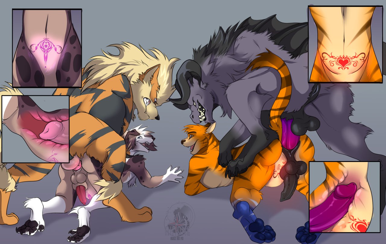 anthro anthro_on_feral anthro_penetrated arcanine avrus behemoth_(final_fantasy) blue_body blue_fur feral feral_penetrating feral_penetrating_anthro final_fantasy from_behind_position fur generation_1_pokemon genitals group holding_down hybrid internal interspecies knotting male male/male mounting nintendo omez orange_body orange_fur penetration penis pokemon pokemon_(species) pokephilia purple_penis sergal sex square_enix stomach_bulge womb_tattoo zoophilia