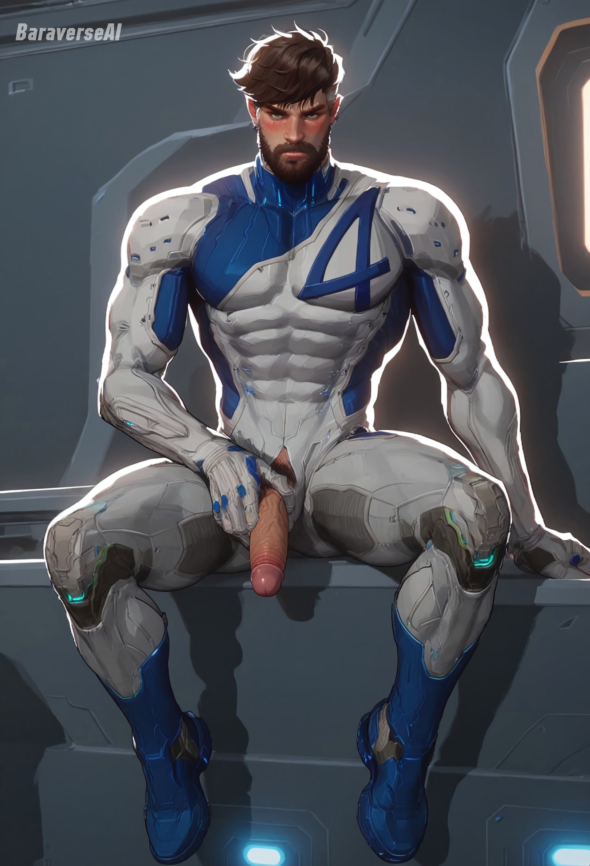 1boy, abs, ai generated, bara, baraverse, biceps, boy, bulge, daddy, dilf, fantastic four, gay, long dick, long penis, male, male only, marvel, marvel comics, marvel rivals, mature male, mr fantastic, mr fantastic (marvel rivals), muscular, muscular male, pecs, penis, reed richards, solo, tight clothing, uncensored, yaoi