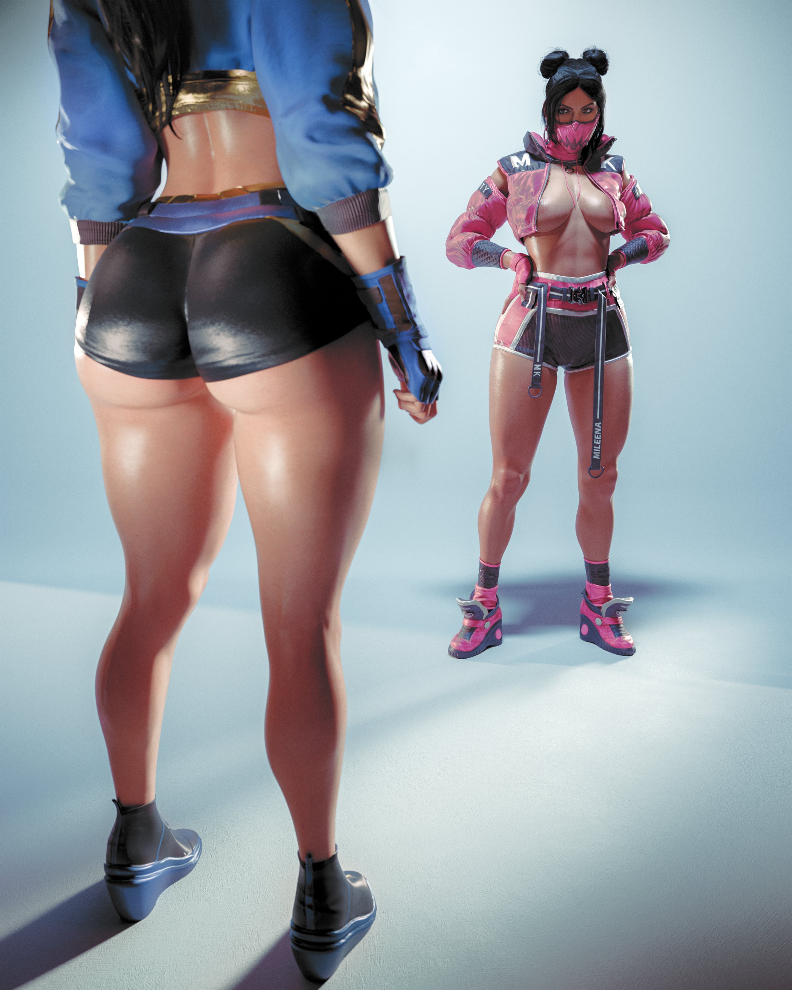 2025, 2girls, 3d, areolae slip, ass, athletic, athletic female, big ass, big breasts, big thighs, black hair, braless, breasts, cleavage, covered nipples, curvaceous, duo, female, female focus, female only, high heel sneakers, hotpants, hourglass figure, huge ass, jacket only, kitana, kitana (new era), light skin, light-skinned female, midriff, mileena, mileena (new era), mortal kombat, mortal kombat 1 (2023), netherrealm studios, no bra, nv3d, official alternate costume, ox horns, pale skin, pale-skinned female, simple background, tagme, thick thighs, voluptuous, voluptuous female, wedge heels