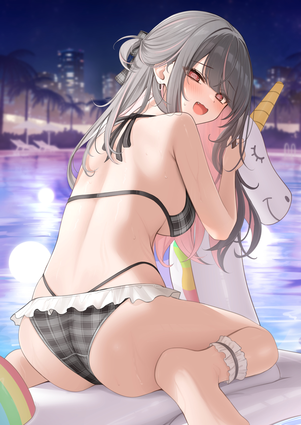@ @, ankle strap, ass, barefoot, bikini, black bikini, black hair, blush, breasts, commentary request, feet, female, from behind, highres, imouto-chan (monaka curl), large breasts, looking at viewer, looking back, monaka curl, open mouth, original, outdoors, paid reward available, plaid bikini, plaid clothes, pool, red eyes, soles, solo, swimsuit, thighs, water, young