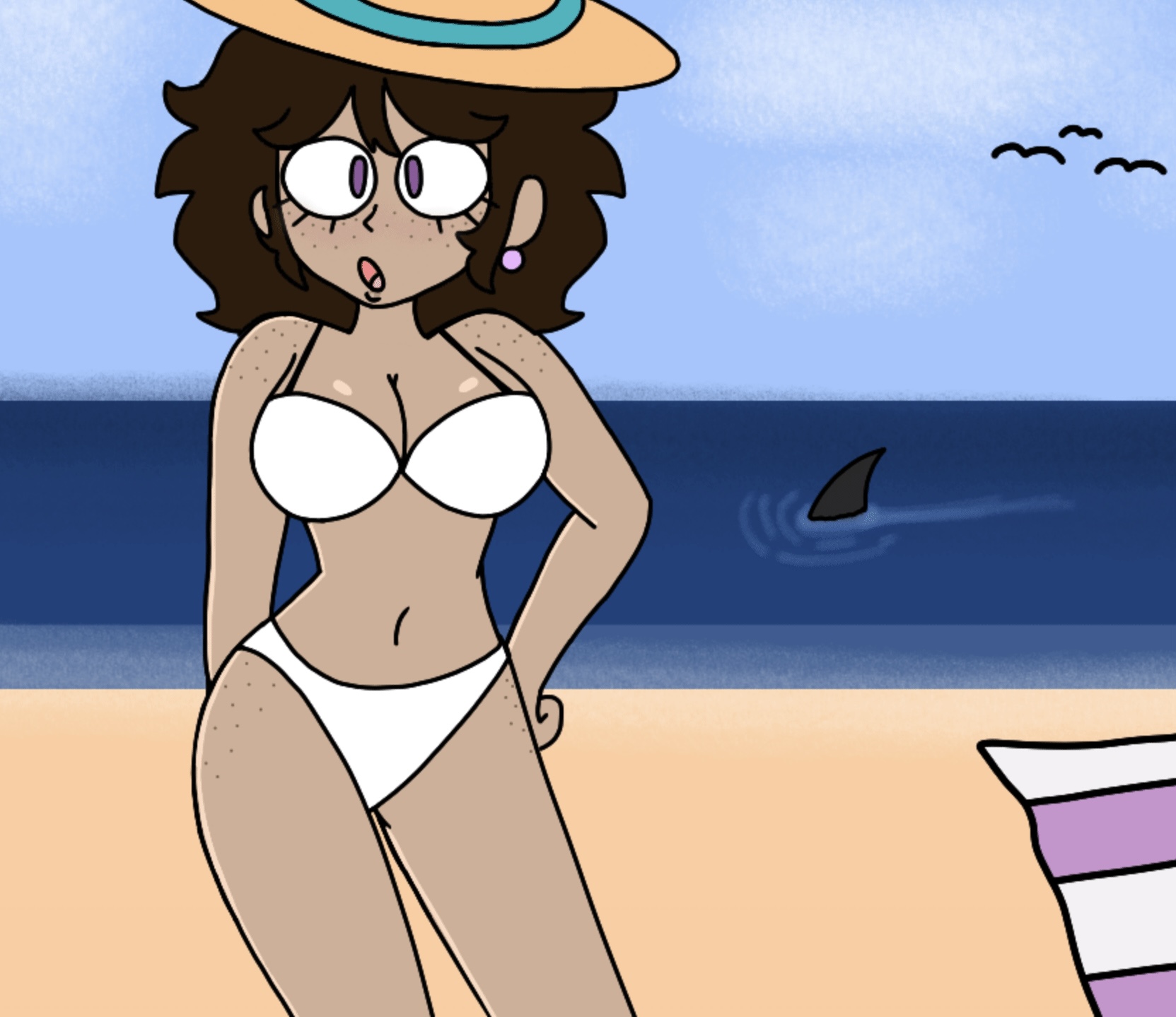 bikini, brown body, brown skin, dolphin, ear piercing, female, galaxy-sarah, latina, mexican, mexican female, oc, ocean, sarah, sarah (galaxy-sarah)