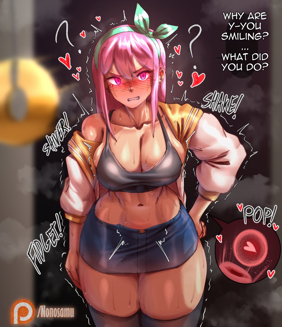 1girls, 2d, asking, aubrey (omori), big breasts, black legwear, black thighhighs, blue skirt, blush, breasts, busty, cleavage, clenched teeth, clothing, dialogue, english text, female, heart, hearts around head, huge breasts, hypnosis, in heat, large breasts, legs together, long hair, midriff, midriff baring shirt, mind control, nonosamu, omori, ovulation, ovum, ovum with heart, pendulum, pink eyes, pink hair, ribbon, shivering, skirt, sweating, talking to viewer, text, thick thighs, thighhighs, toned, toned female, wide hips