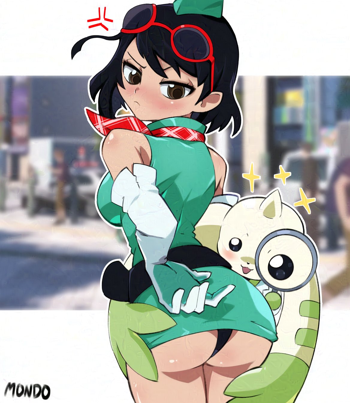 :3, 1boy, 1girls, ass, ass focus, ass shot, ass up, black panties, black underwear, digimon, digimon (species), digimon story, digimon story: time stranger, digimon tamers, embarrassed, embarrassed female, fat ass, female, furry, furry male, kanan yuki, magnifying glass, male, outdoors, supermondobeat, terriermon, yuuki kanan