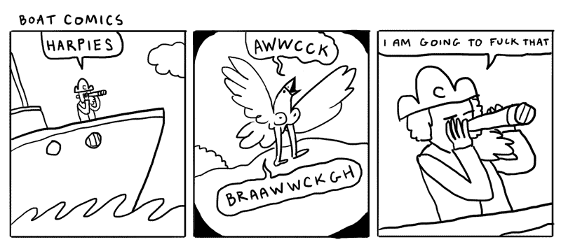 avian beak beard bird boat breasts captain cloud comic female harpy hat humor male nipples nude telescope threewordphrase water wings
