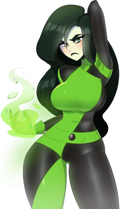 1girls, 2025, 2d, 2d (artwork), alternate version available, arm raised, arm up, blush, bodysuit, clothed, clothed female, energy, energy manipulation, female, female only, fully clothed, green eyes, green skin, green-skinned female, kim possible, light skin, light-skinned female, long hair, looking at viewer, minicop2001, pale skin, pale-skinned female, powers, questionable, realistic proportions, sfw, shego, simple background, solo, solo female, superpowers, villainess