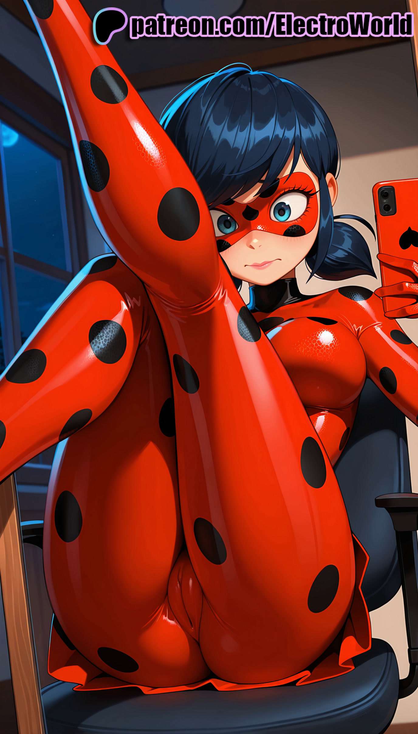 1girls, 2025, ai generated, artist name, ass, blue eyes, bodysuit, cameltoe, cellphone, desk, domino mask, electroworld, english text, female, hi res, high quality, high resolution, highres, holding phone, ladybug (character), marinette cheng, marinette dupain-cheng, mask, miraculous ladybug, patreon, patreon username, phone, pussy, smartphone, solo, stable diffusion, watermark