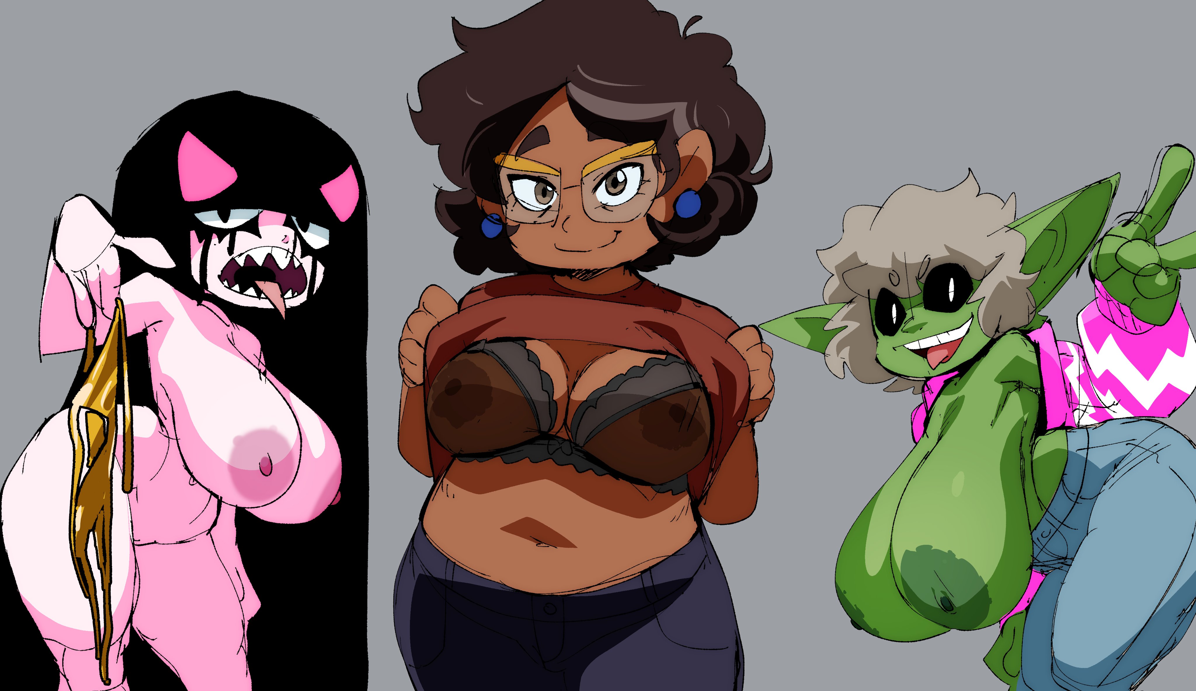 3girls, big breasts, breasts, brown hair, busty, camila noceda, commission, coolerinker, female, female focus, female only, goblin, goblin female, goth, goth girl, green body, green skin, hourglass figure, huge breasts, human, humanoid, inker comics, inkershike, latina, monica (inker comics), original, the owl house, the owl house (finale), underwear, wide hips
