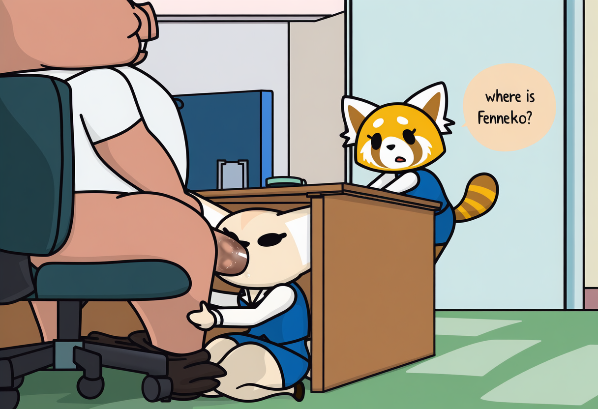aggressive retsuko, aggretsuko, ai generated, black eyes, blowjob, boss and employee, chair, director ton, fat male, fellatio, female, fenneko, fox, hidden blowjob, male, office, penis, penis in mouth, pig, question mark, red panda, retsuko, saliva, sitting on chair, size difference, straight, text, text bubble, trio, work uniform, workplace sex