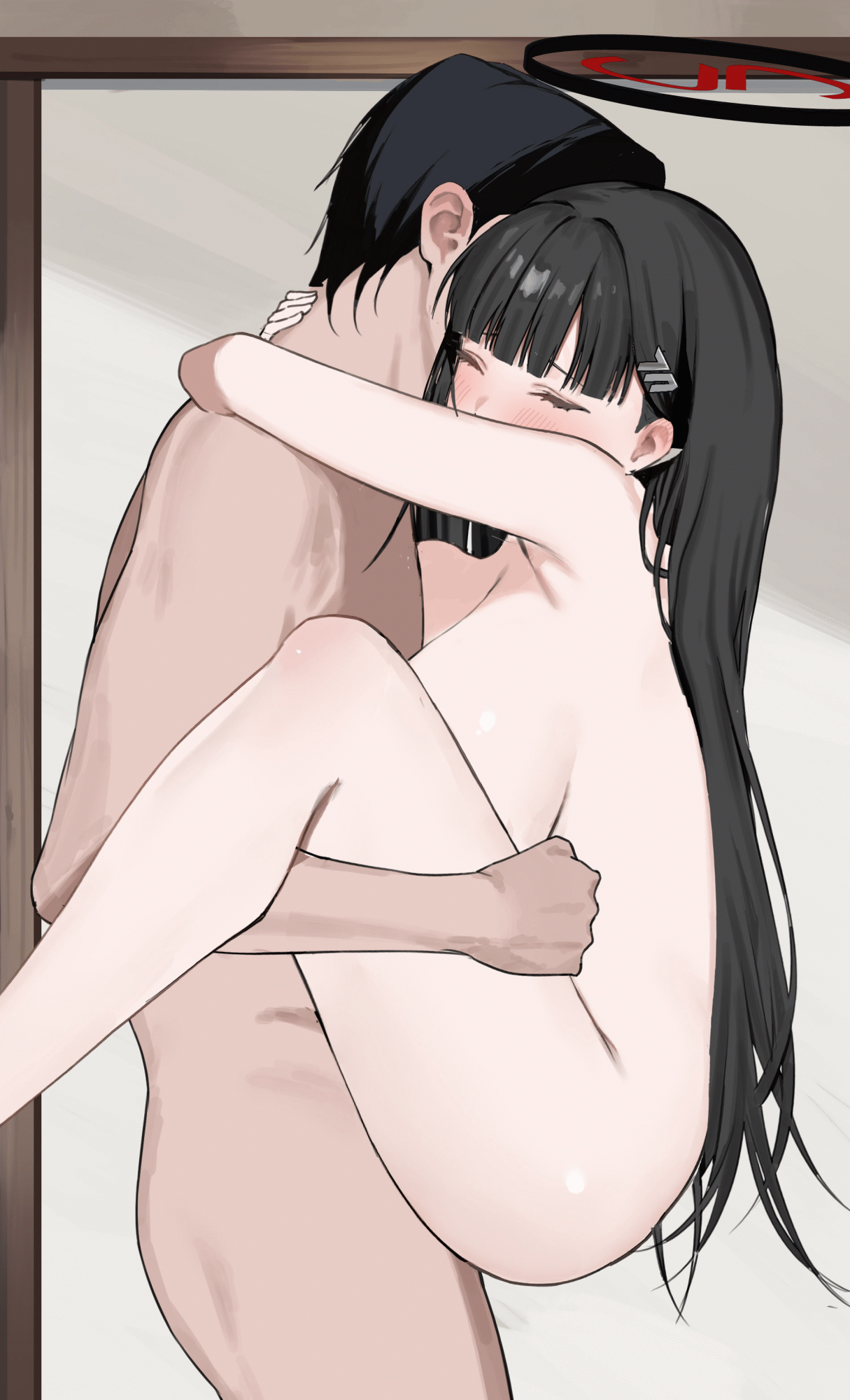 1boy, arms around neck, black hair, blue archive, breasts, carrying, carrying person, closed eyes, commentary request, completely nude, female, from side, hair behind ear, halo, highres, large breasts, long hair, nude, red halo, rikoping2000, rio (blue archive), sex, standing, standing sex, straight, very long hair