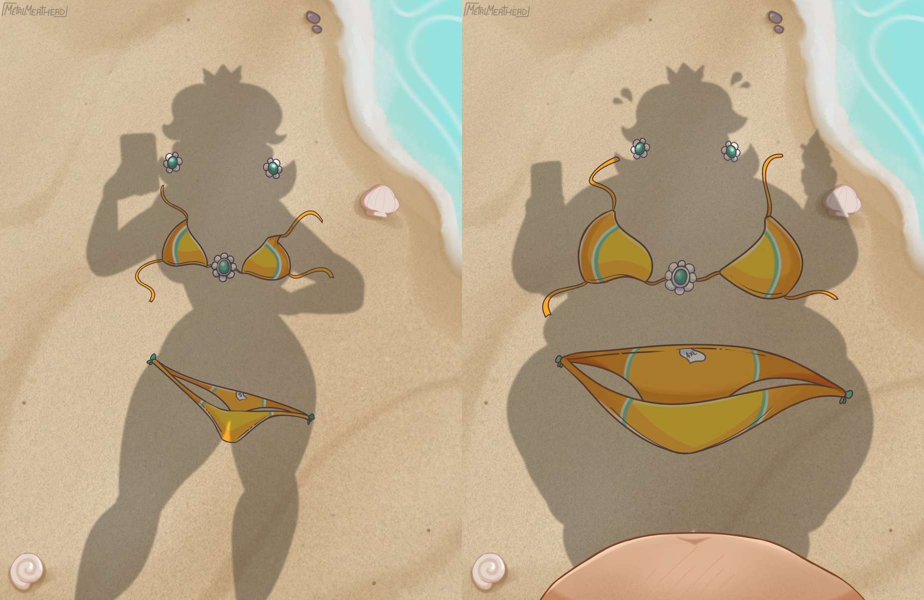 1girls, bbw, beach, before and after, belly, bikini bottom, bikini top, clothing, fat, fat female, female, female only, human, human only, mammal, mario (series), mature, mature female, meatheadart, metalheadart, metalmeathead, nintendo, ocean, outdoors, princess, princess daisy, shadow, silhouette, solo, solo female, unseen female face, water