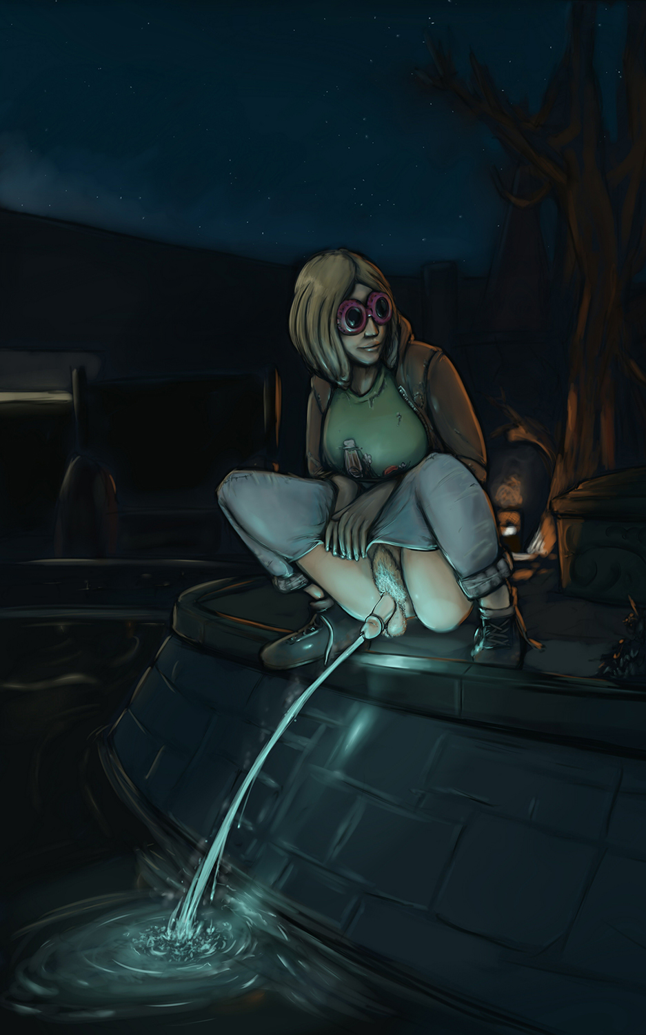 1futa, blonde hair, exhibitionism, exhibitionist, fallout, fallout 4, female, flaccid, flaccid penis, foreskin, futanari, glasses, glowing, glowing urine, intersex, masterchefguy, night, outside, peeing, penis, public, retracted foreskin, sierra petrovita, sunglasses, uncircumcised, urine