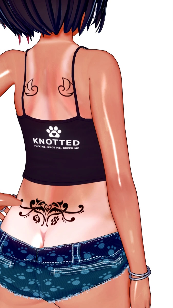 back, black hair, bob cut, breasts, canine, canine on human, facing away, female, female on feral, feral, feral on female, feral on human, goonette, handjob, human on feral, implied bestiality, implied zoophilia, interspecies, knot, knotted, knotted clothing, koi yukino, leaking cum, leaking precum, original, pawprint, seductive, shirt, short hair, short shorts, skinny, small breasts, tan, tan lines, tan skin, tattoo, tattoos, text, text on clothing, tramp stamp, zoophilia