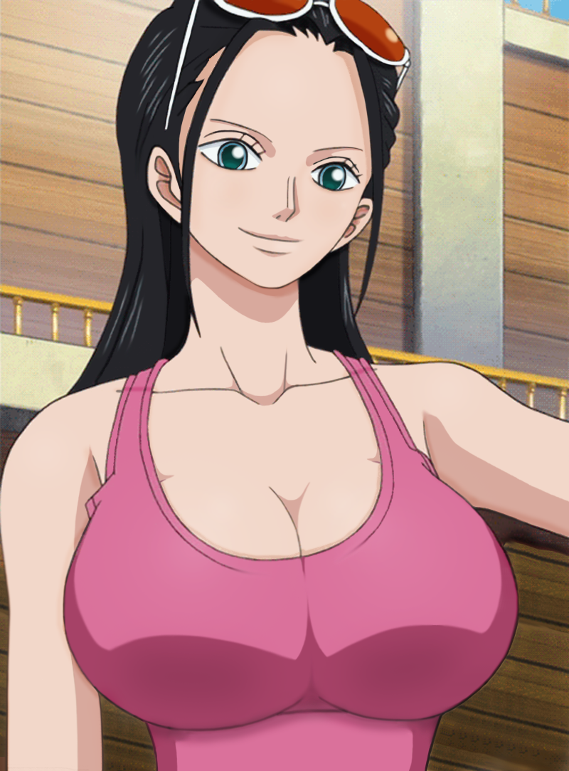 1girls, artist request, black hair, black-haired female, breasts, cleavage, edit, female, female only, huge breasts, nico robin, one piece, pink shirt, screencap, solo, sunglasses, sunglasses on head, tagme
