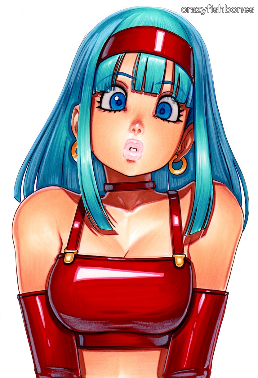 2025 ai_generated artist_name blue_eyes blue_hair bra_(dragon_ball) breasts choker crazyfishbones earrings female gloves jewelry long_hair solo