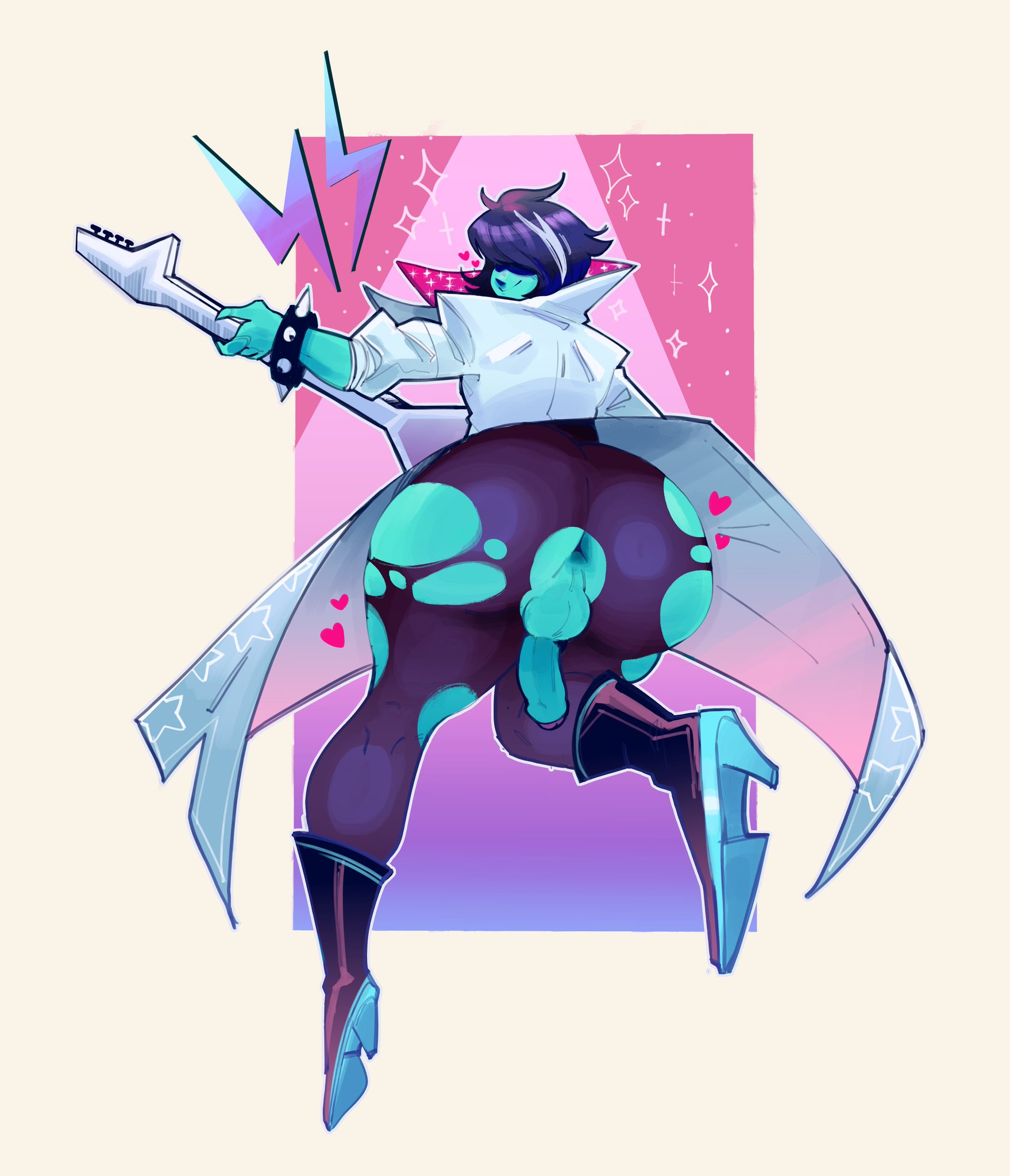 1boy, 2d, artist request, ass, backsack, balls, ballsack, blue skin, deltarune, deltarune chapter 3, guitar, heart, hearts around body, heel boots, heels, kris (deltarune), large ass, love hearts, male, presenting hindquarters, pretty boy, ripped clothing, ripped pantyhose, rockstar, rockstar kris, sparkles