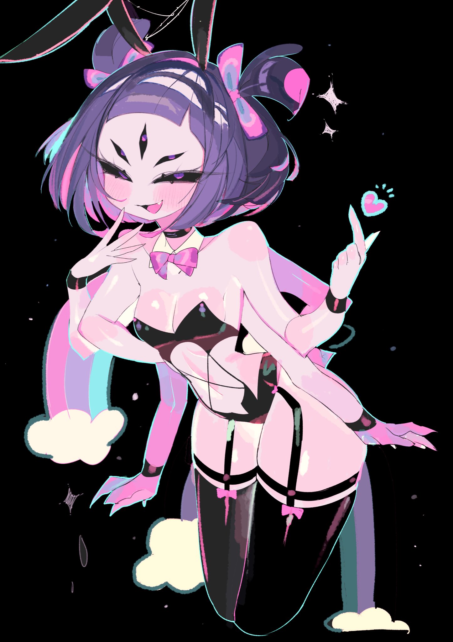1girls, 5 eyes, 6 arms, black background, black sclera, blunt bangs, blush, blushing, bob cut, bowtie, breasts, bunny ears, bunnysuit, cleavage, collar, colored inner hair, cute fang, detached collar, fake animal ears, female, female only, flat chest, garter straps, heart, hourglass figure, light skin, light-skinned female, lingerie, looking at viewer, monster girl, muffet, multi arm, multi eye, multi limb, navel, petite, purple eyes, purple hair, short hair, simple background, slim waist, slit pupils, small breasts, smug, smug face, solo, spider girl, tagme, thick thighs, thighhighs, thighs, twintails, undertale, usa37107692, wide hips