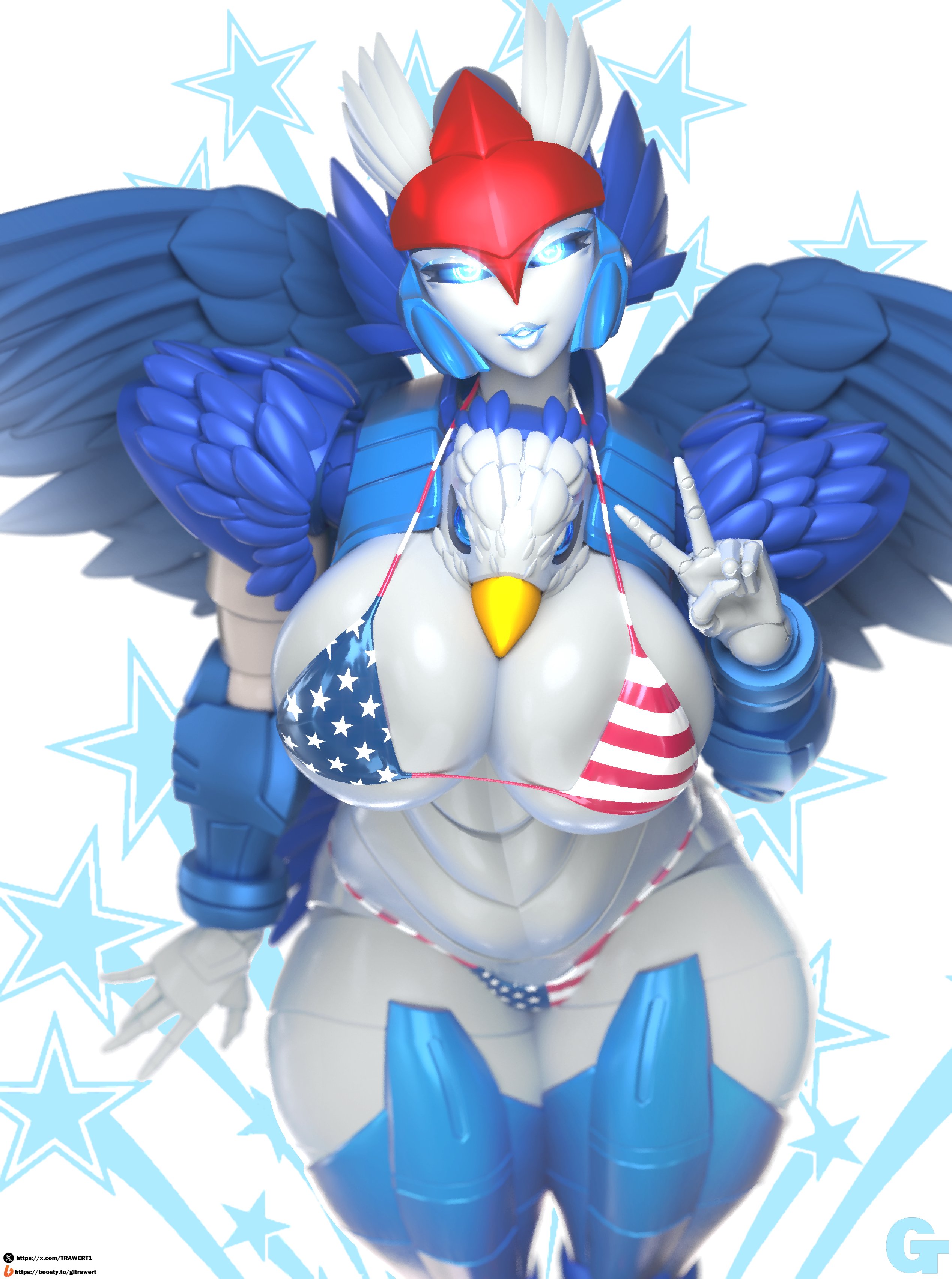 1girls, 3d, american flag bikini, big breasts, peace sign, robot, robot girl, solo, star eagle, transformers, trawert
