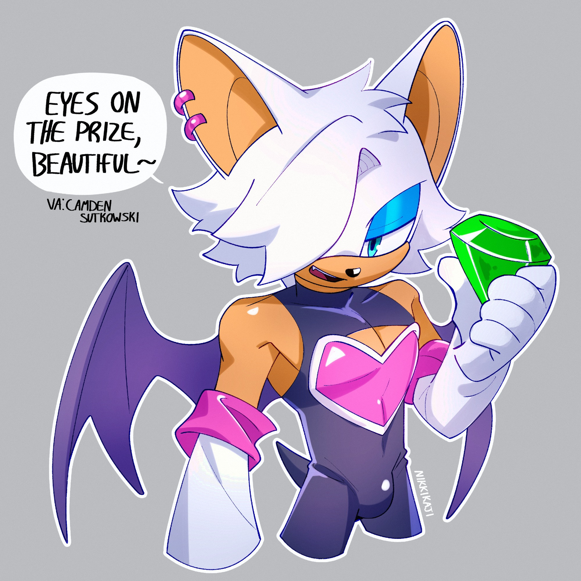 1boy, 2d, 2d (artwork), anthro, bedroom eyes, bulge, bulge through clothing, emerald (gem), eye contact, femboy, feminine male, gem, genderswap, genderswap (ftm), grey background, hi res, holding object, looking at viewer, makeup, male, male only, male rouge, nikkikaji, rouge the bat, rouge the bat (nikkikaji), rule 63, solo, solo male, sonic (series), sonic the hedgehog (series), speech bubble, talking to viewer, text, text bubble