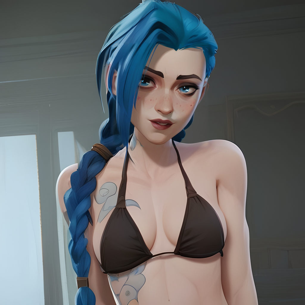 ai generated, arcane, arcane jinx, arcane: league of legends, bikini, bikini top, boobs, breasts, female, indoors, jinx (arcane), jinx (league of legends), league of legends, looking at viewer, medium breasts, sideboob, string bikini, tagme, tattoo, tattoos