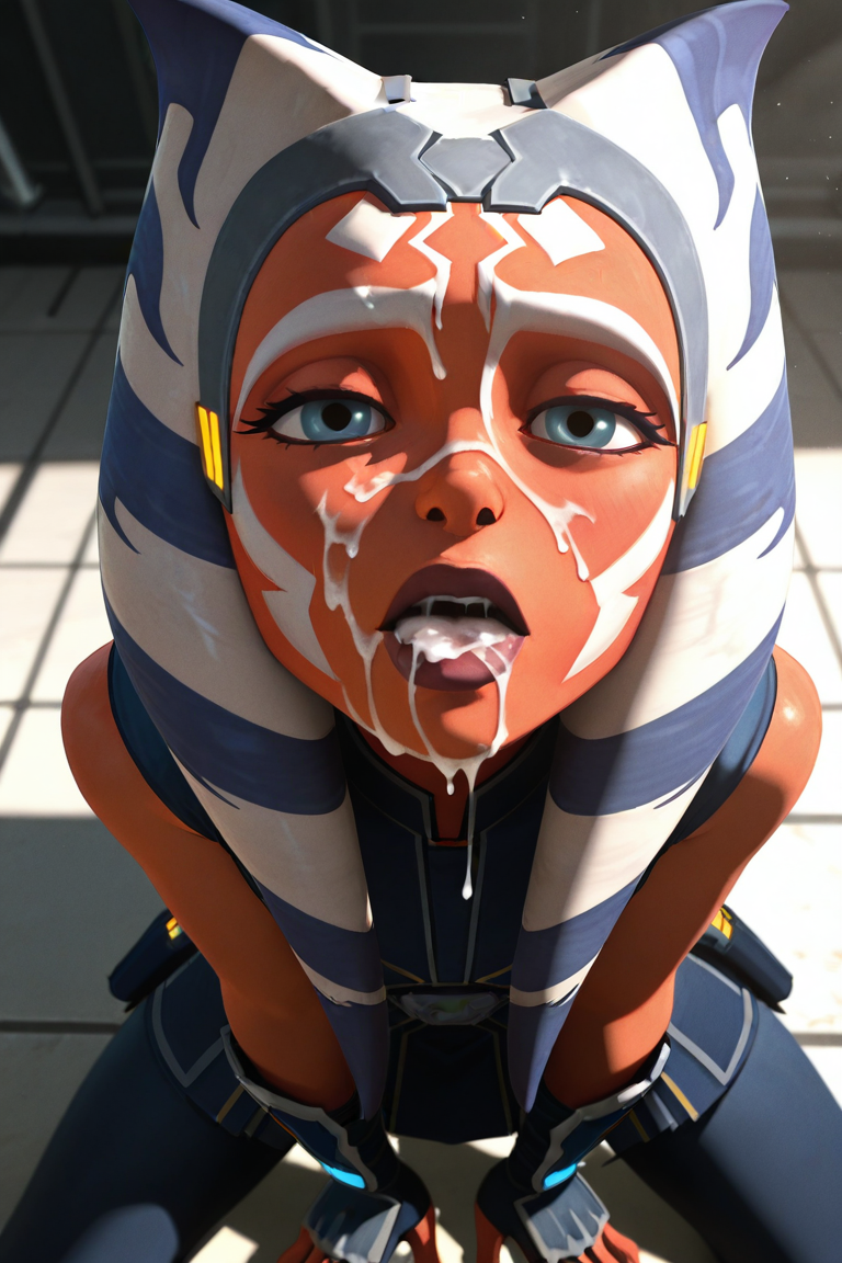 1girls, ahsoka tano, ai generated, blowjob face, clone wars, clothed, cum, cum in mouth, cum on face, cum on tongue, dropsy48, facial, female, fully clothed, fully clothed female, gauntlets, lekku, lekku (anatomy), metallic headband, orange skin, solo, solo female, solo focus, star wars, togruta