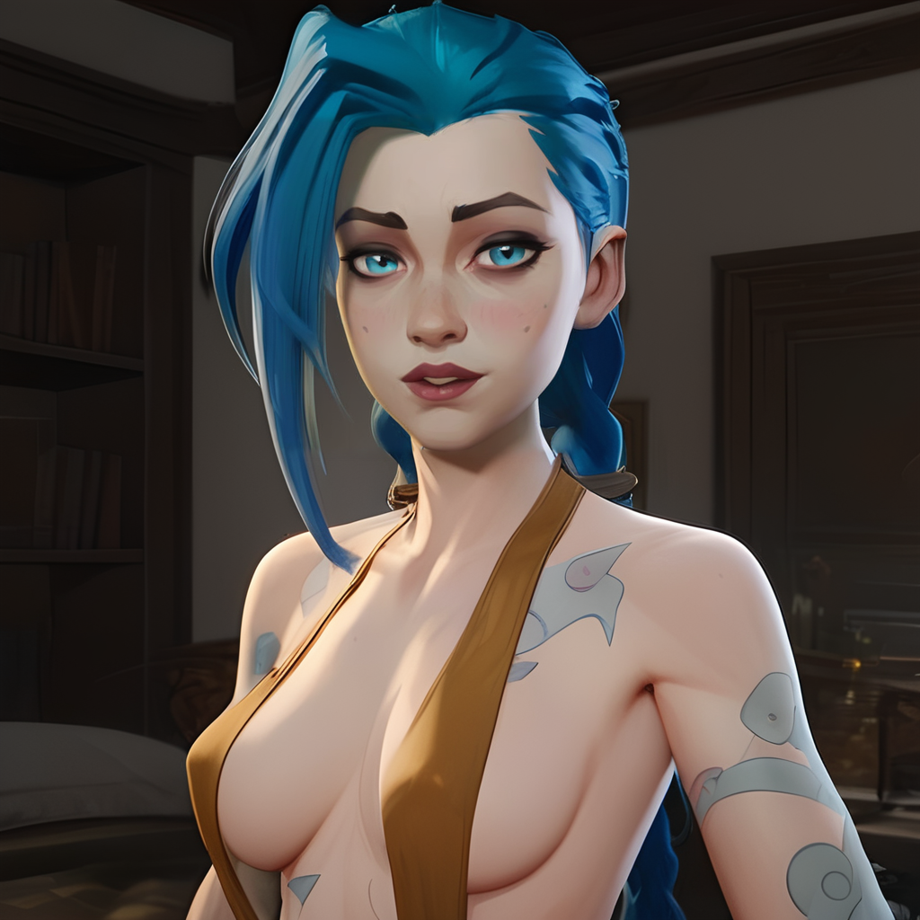 ai_generated arcane arcane:_league_of_legends arcane_jinx bedroom breasts female indoors jinx_(arcane) jinx_(league_of_legends) leotard looking_at_viewer medium_breasts tagme