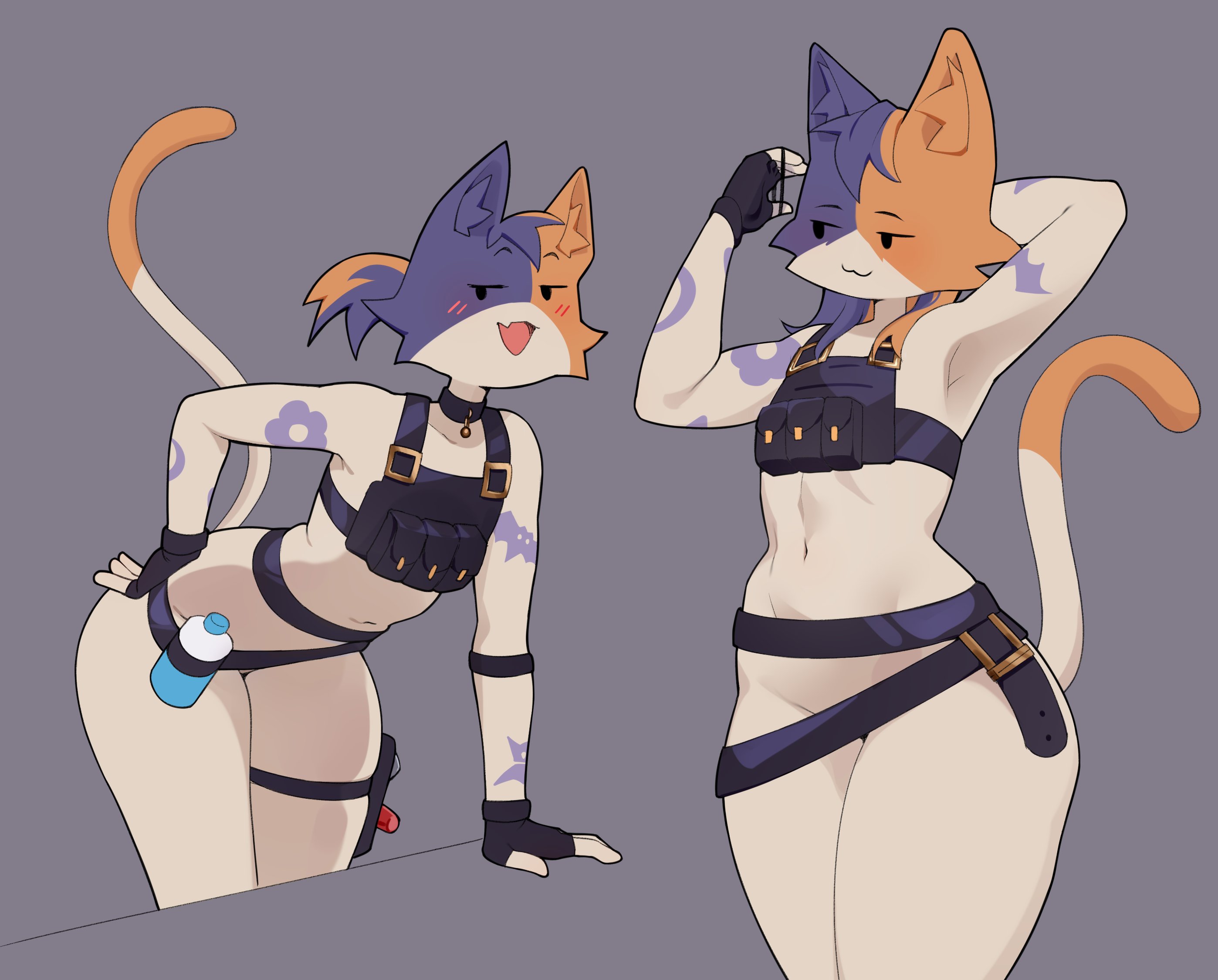 :3, 1girls, almost naked, anthro, armpits, cat girl, cate meowdy (fortnite), catgirl, cute fang, domestic cat, female, female only, fingerless gloves, flat chest, fortnite, furry, gloves, mob face, pakusta