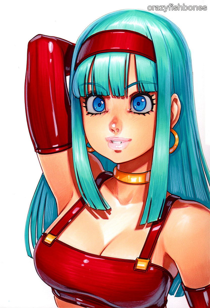 2025 ai_generated artist_name blue_eyes blue_hair bra_(dragon_ball) breasts cleavage crazyfishbones female gloves hairband long_hair looking_at_viewer solo