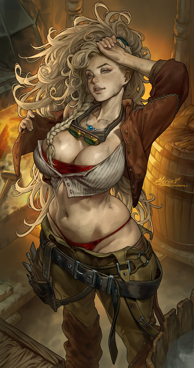 aleriia v, ass, belly button, blonde female, blonde hair, blue eyes, bra, breasts, cleavage, cleavage cutout, clothing, female, female only, gemma (monster hunter wilds), large breasts, lerapi, long hair, looking at viewer, monster hunter, monster hunter wilds, panties, slim waist, sweat, tagme, thick ass, thick thighs, top, wide hips, wiping sweat
