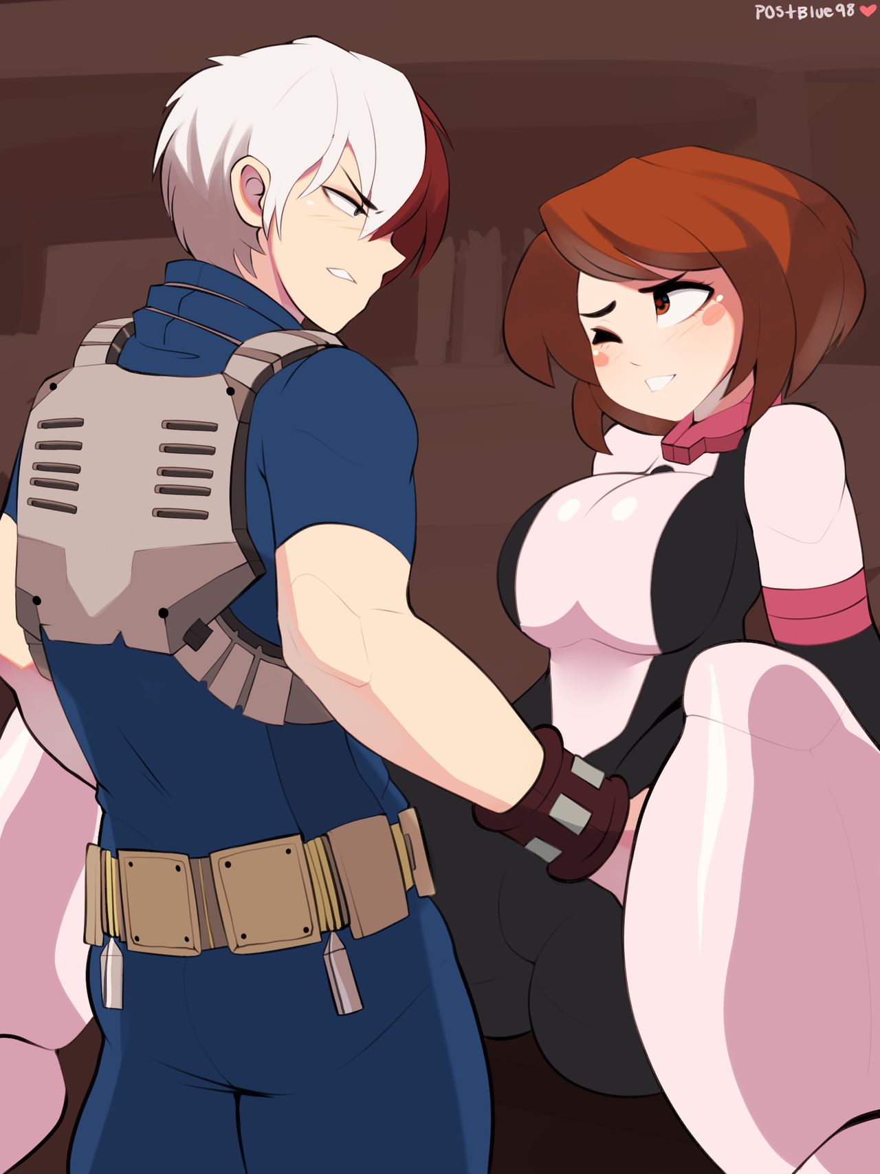 1boy, 1girls, brown hair, brown-haired female, my hero academia, ochako uraraka, postblue98, red hair, red-haired male, shouto todoroki, tagme, two-tone hair, white hair, white-haired male