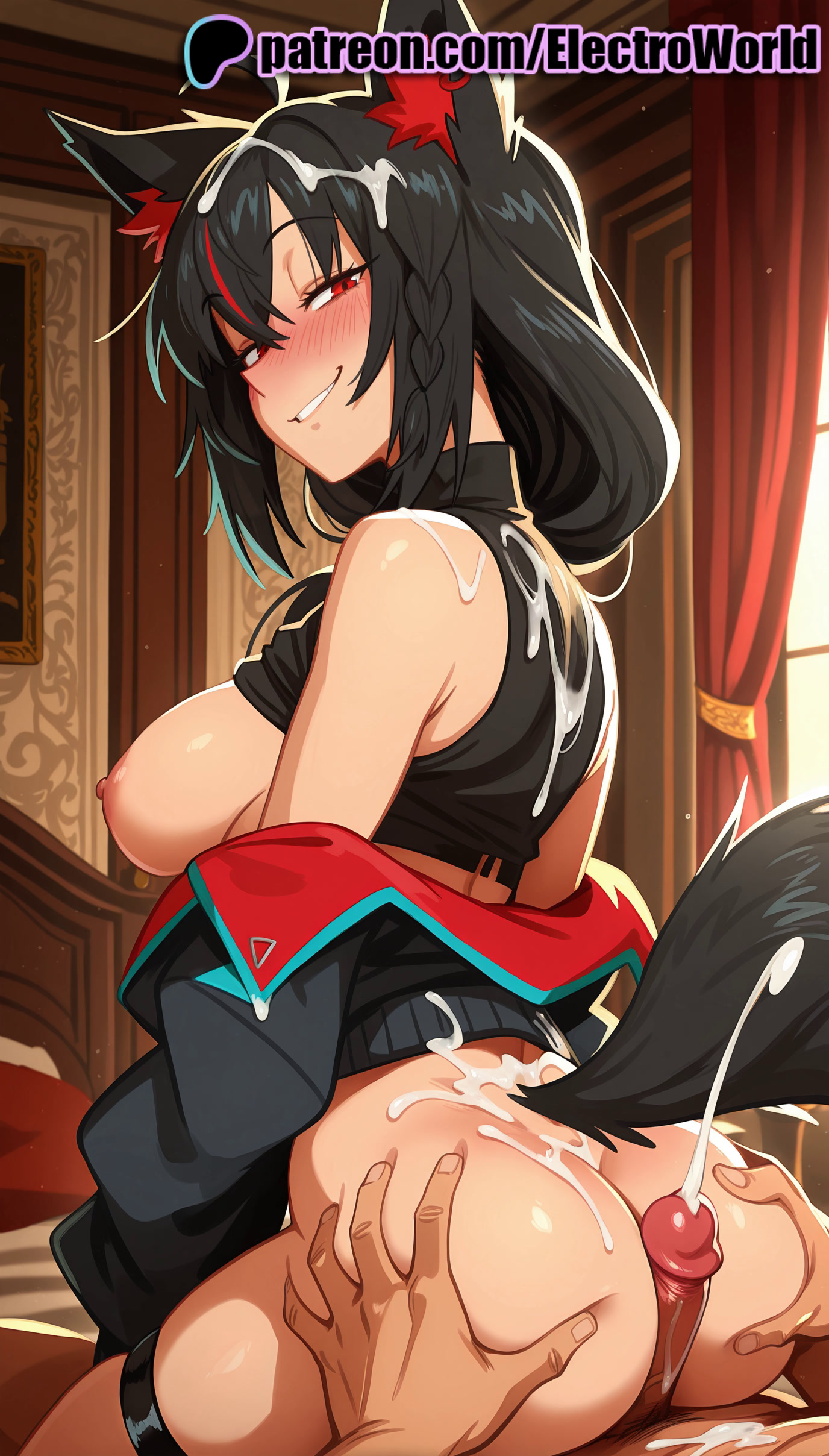 1boy, 1girls, 2025, after sex, ai generated, animal ears, artist name, ass, ass grab, assjob, bare shoulders, big breasts, big chest, black hair, blush, breasts, bust, busty, buttjob, chest, cock, cum, cum on ass, cum on body, cum on breasts, cum on clothes, cum on stomach, curtains, dick, ejaculation, electroworld, exposed nipples, female, hi res, high quality, high resolution, highres, hololive, hololive japan, indoors, kurokami fubuki, large breasts, male, multicolored hair, nipples, nipples outside, patreon, patreon username, penis, projectile cum, smile, solo focus, stable diffusion, straight, streaked hair, tail, thigh sex, virtual youtuber, vtuber, watermark, window, wolf ears