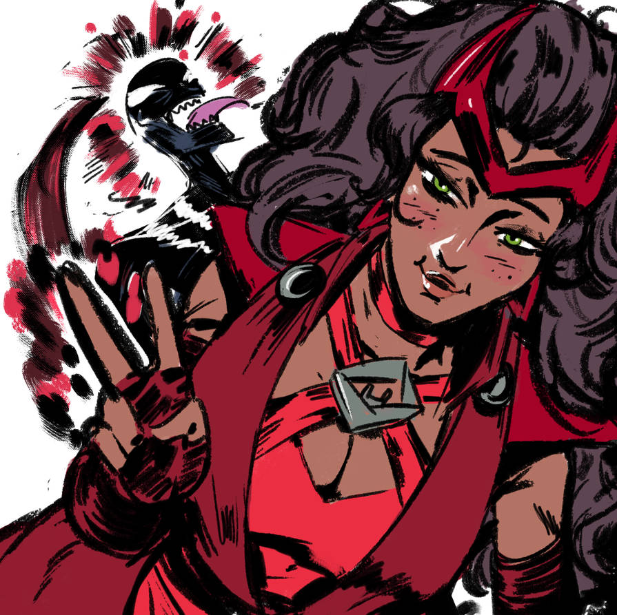 1boy, 1girls, 2d, alien girl, avengers, big breasts, breasts, clothed, dark skin, dark-skinned female, dominant female, domination, female, light skin, light-skinned female, male, marvel, marvel comics, marvel rivals, milf, monster, scarlet witch, scarlet witch (marvel rivals), sexy, venom (marvel rivals), venom (marvel), wanda maximoff