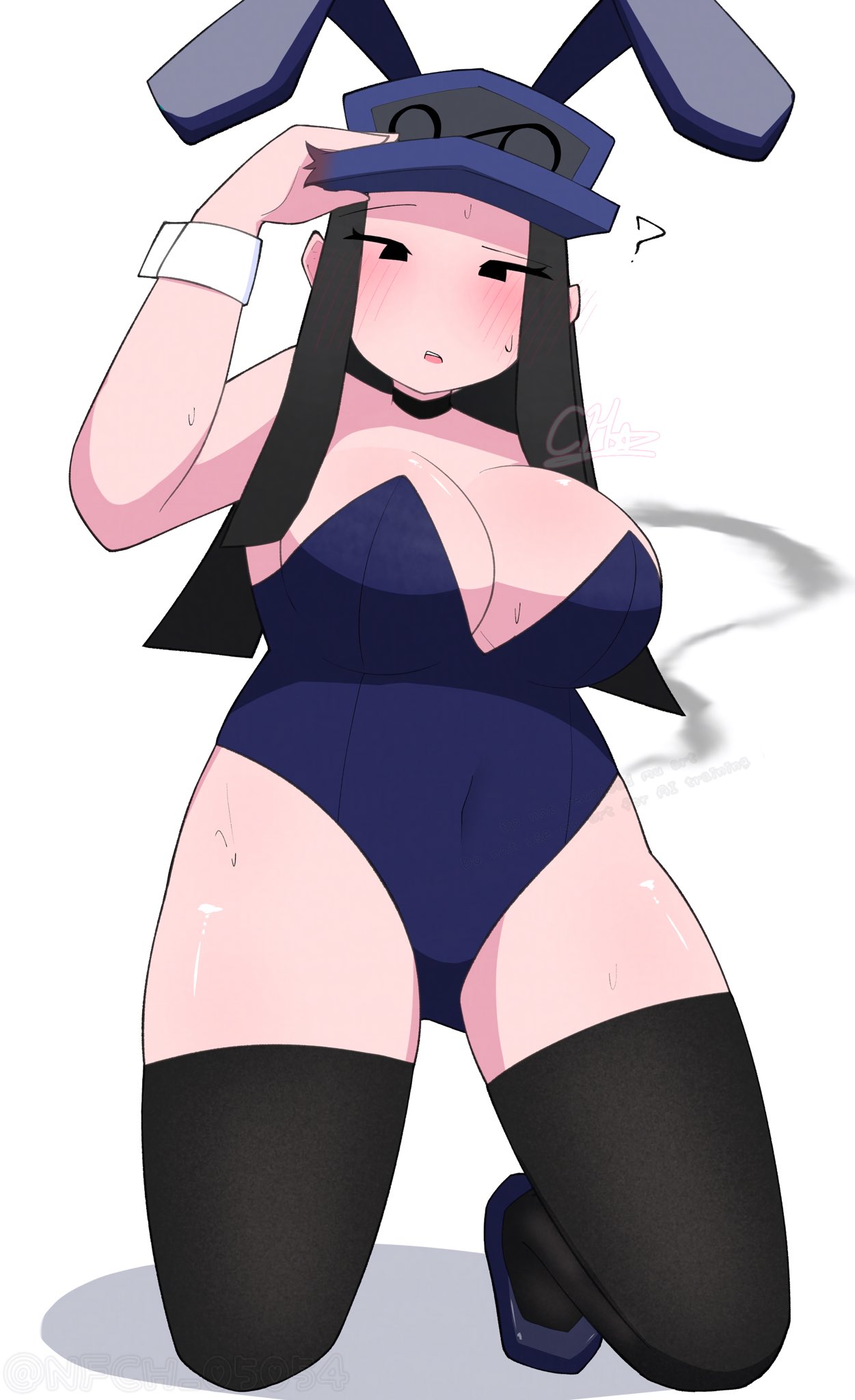 ?, 1girls, big breasts, blush, breasts, bunny ears, bunny girl, bunny girl suit, bunnysuit, cassette girl, confused, confused look, female, friday night funkin, friday night funkin mod, hand on hat, newgrounds, nfch 05054