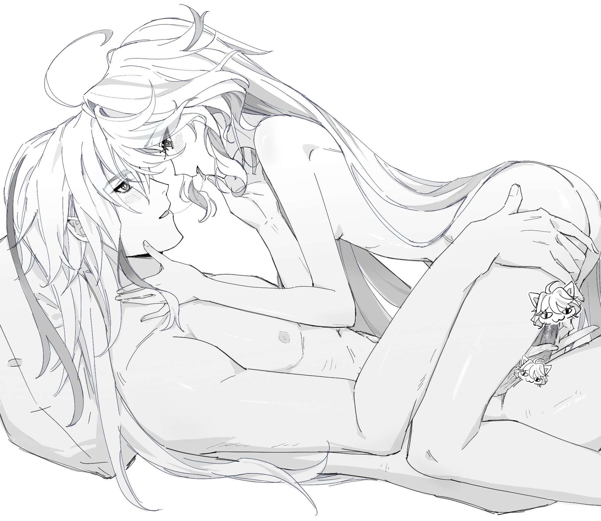 1boy, 1girls, after kiss, ahoge, blush, blush lines, censored, completely nude, cowgirl position, drool string, duo, duo focus, female on top, focalors (genshin impact), furina (genshin impact), genshin impact, grabbing penis, highres, holding penis, imminent sex, laying on bed, long hair, long hair female, long hair male, looking at partner, monochrome, multicolored hair, neuvillette (genshin impact), penis grab, penis hold, petite, pillow, sidelocks, size difference, small breasts, smaller female, straddle, straddling, streaked hair, taller male, tongue out, two-tone hair, white hair, zzzhan