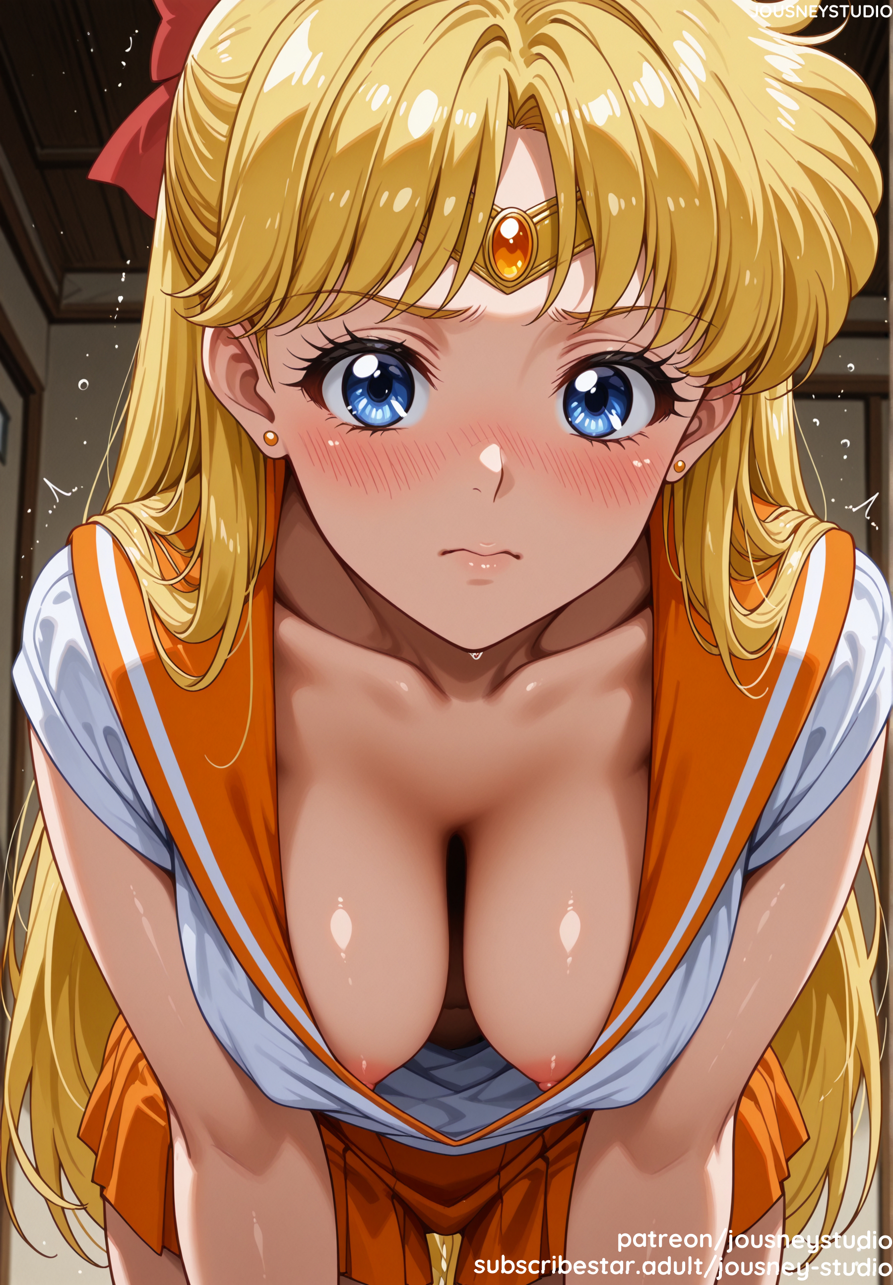 1girls, ai generated, areola slip, areolae, bangs, bare shoulders, bishoujo senshi sailor moon, blonde hair, blue eyes, blush, bow, breasts, breasts out of clothes, circlet, clavicle, cleavage, closed mouth, clothes pull, clothing, collarbone, downblouse, earrings, exposed breasts, female, female only, hair ornament, hair ribbon, hairbow, hanging breasts, indoors, jewelry, jousneystudio, large breasts, leaning forward, long hair, looking at viewer, magical girl, medium breasts, minako aino, miniskirt, nipples, no bra, orange sailor collar, orange skirt, pleated skirt, red bow, ribbon, sailor collar, sailor senshi uniform, sailor venus, school uniform, serafuku, shirt, short sleeves, skirt, solo, stud earrings, sweat, thigh gap, thighs, tiara, uniform, white shirt