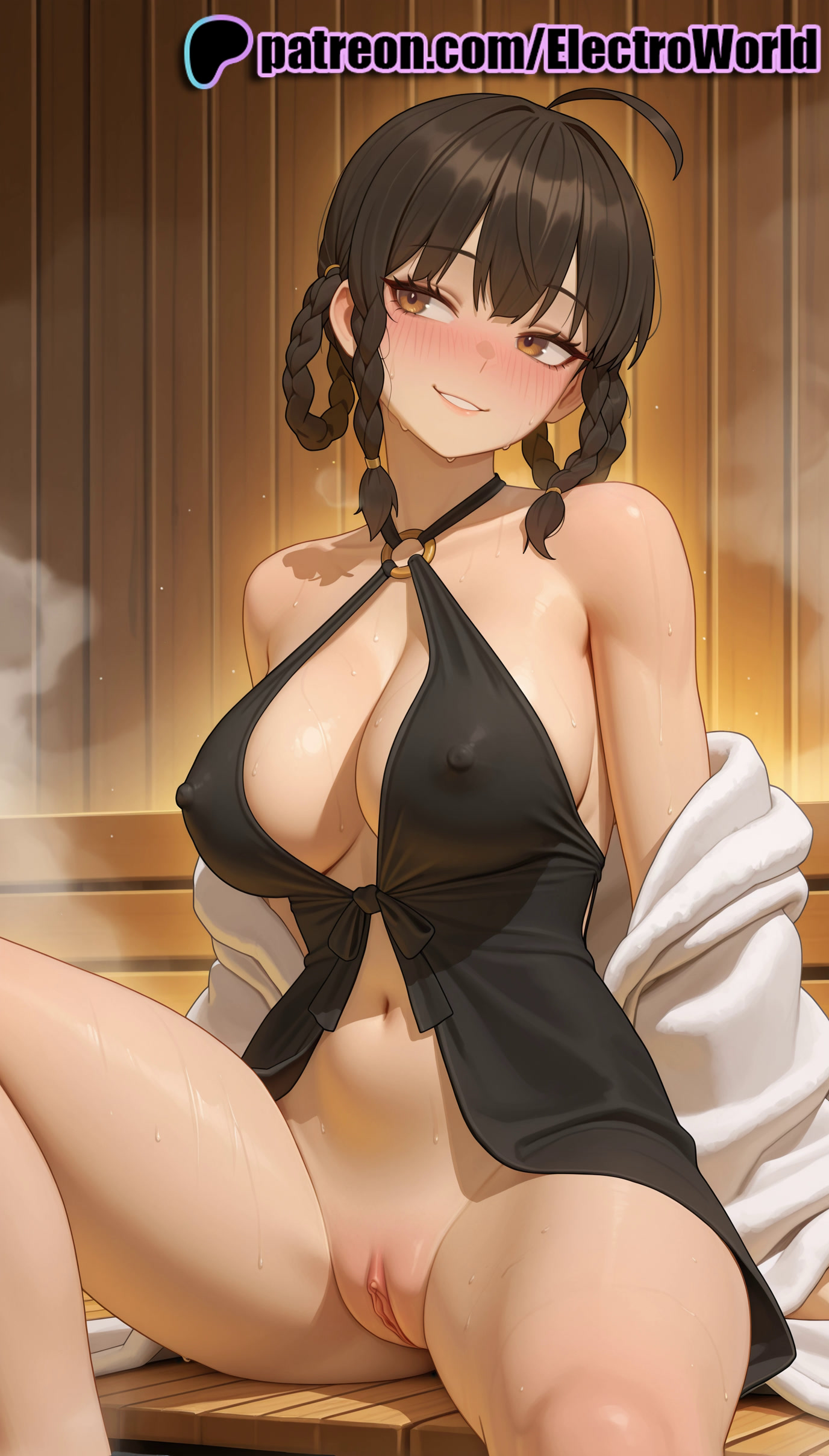 1girls, 2025, ai generated, artist name, babydoll, bangs, big breasts, big chest, blush, braid, breasts, brown eyes, brown hair, bust, busty, chest, clitoral hood, clitoris, covered nipples, dead or alive, electroworld, exposed pussy, eyebrows visible through hair, female, hi res, high quality, high resolution, highres, juicy pussy, large breasts, legs apart, legs spread, lei fang, long hair, navel, off shoulder, open legs, patreon, patreon username, pussy, sitting, smile, splayed legs, spread legs, stable diffusion, sweat, tight pussy, uncensored, vagina, watermark, wooden floor
