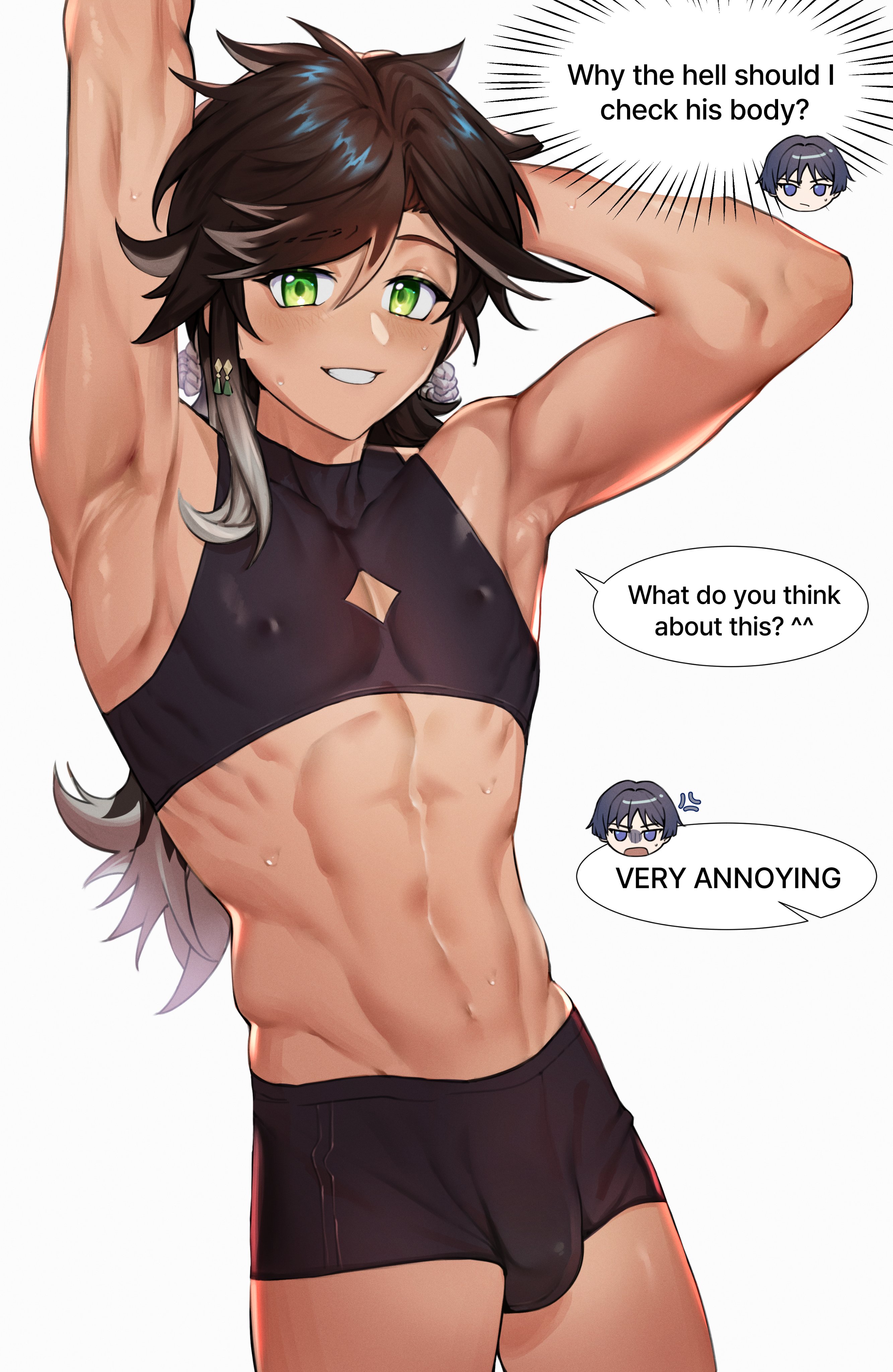 abs, armpit fetish, armpits, bana gameg, bare armpits, boxer briefs, boxers, brown hair, bulge, bulge through clothing, embarrassed, english text, gay, genshin impact, green eyes, looking at viewer, male, male focus, muscles, muscular, navel, nipples, nipples visible through clothing, revealing clothes, scaramouche (genshin impact), sethos (genshin impact), shaved armpit, shy, smiling, speech bubble, sports bra, sweat, sweating, tanned skin, text, text bubble, thighs, twink, yaoi